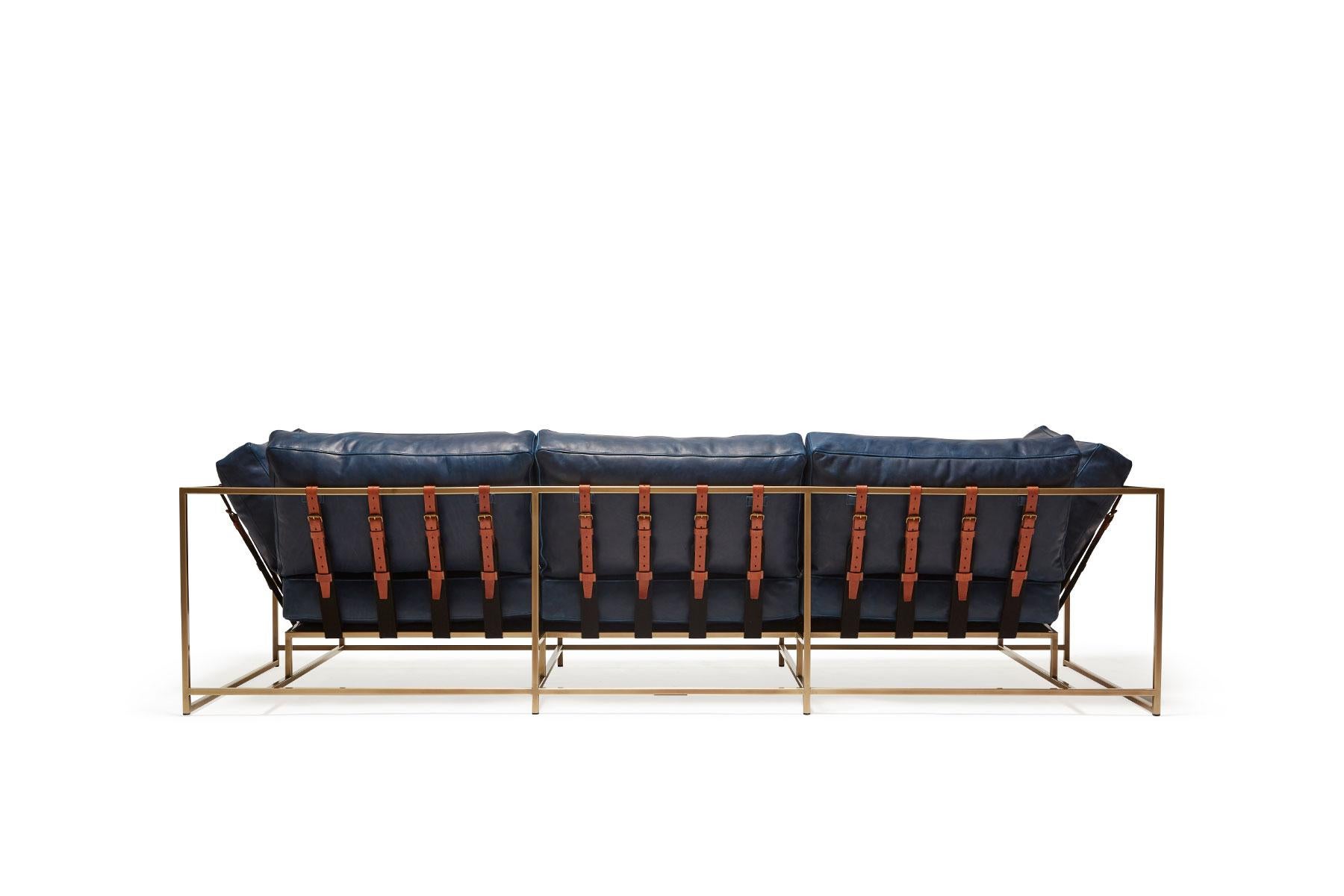 Modern Waxed Navy Leather & Antique Brass Sofa For Sale
