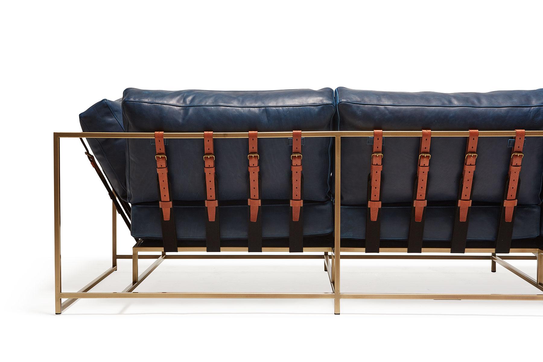 American Waxed Navy Leather & Antique Brass Sofa For Sale