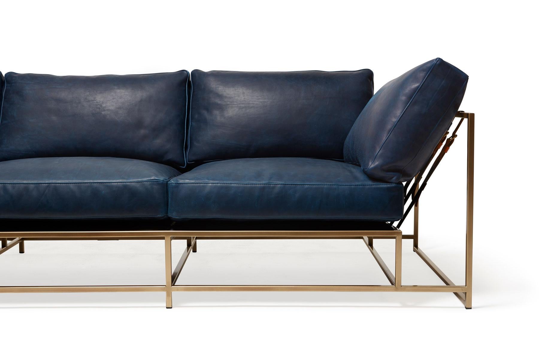 Metalwork Waxed Navy Leather & Antique Brass Sofa For Sale