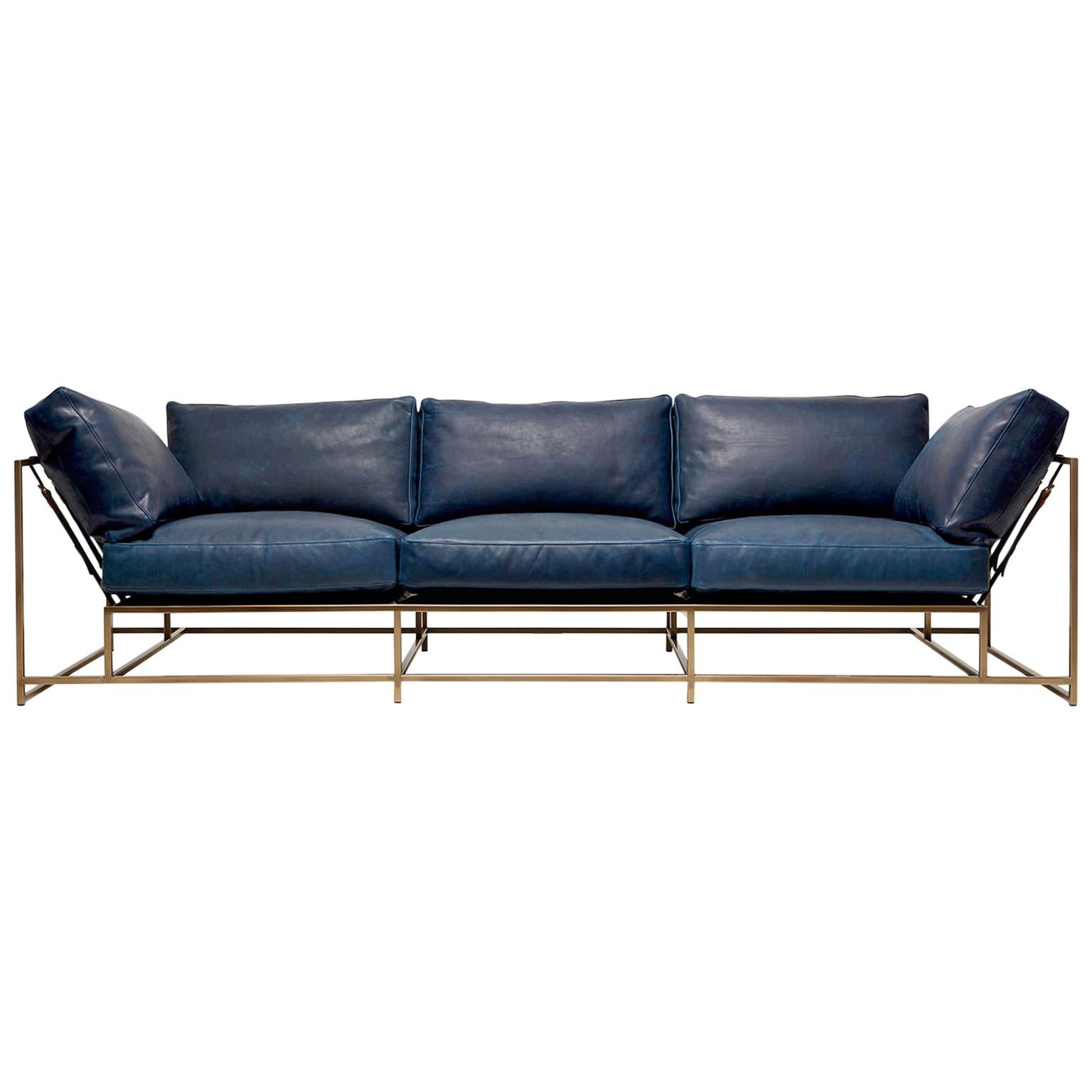 Waxed Navy Leather & Antique Brass Sofa For Sale