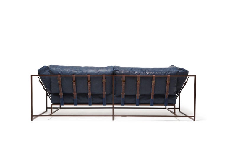 Modern Waxed Navy Leather & Marbled Rust Two Seat Sofa For Sale