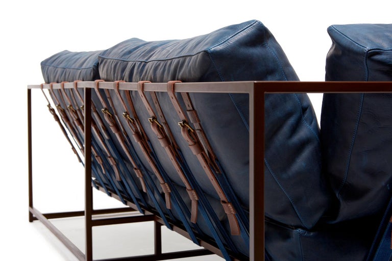 Waxed Navy Leather & Marbled Rust Two Seat Sofa In New Condition For Sale In Los Angeles, CA