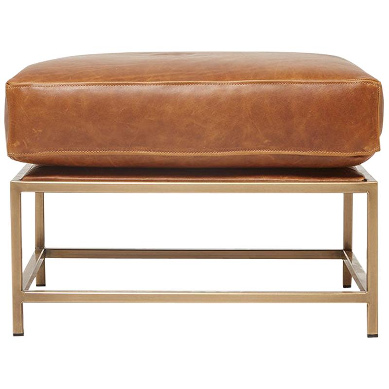 Waxed Potomac Tan Leather and Antique Brass Ottoman For Sale