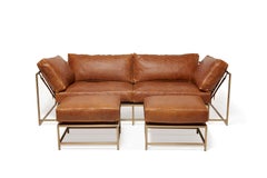 Waxed Potomac Tan Leather and Antique Brass Sofa Set