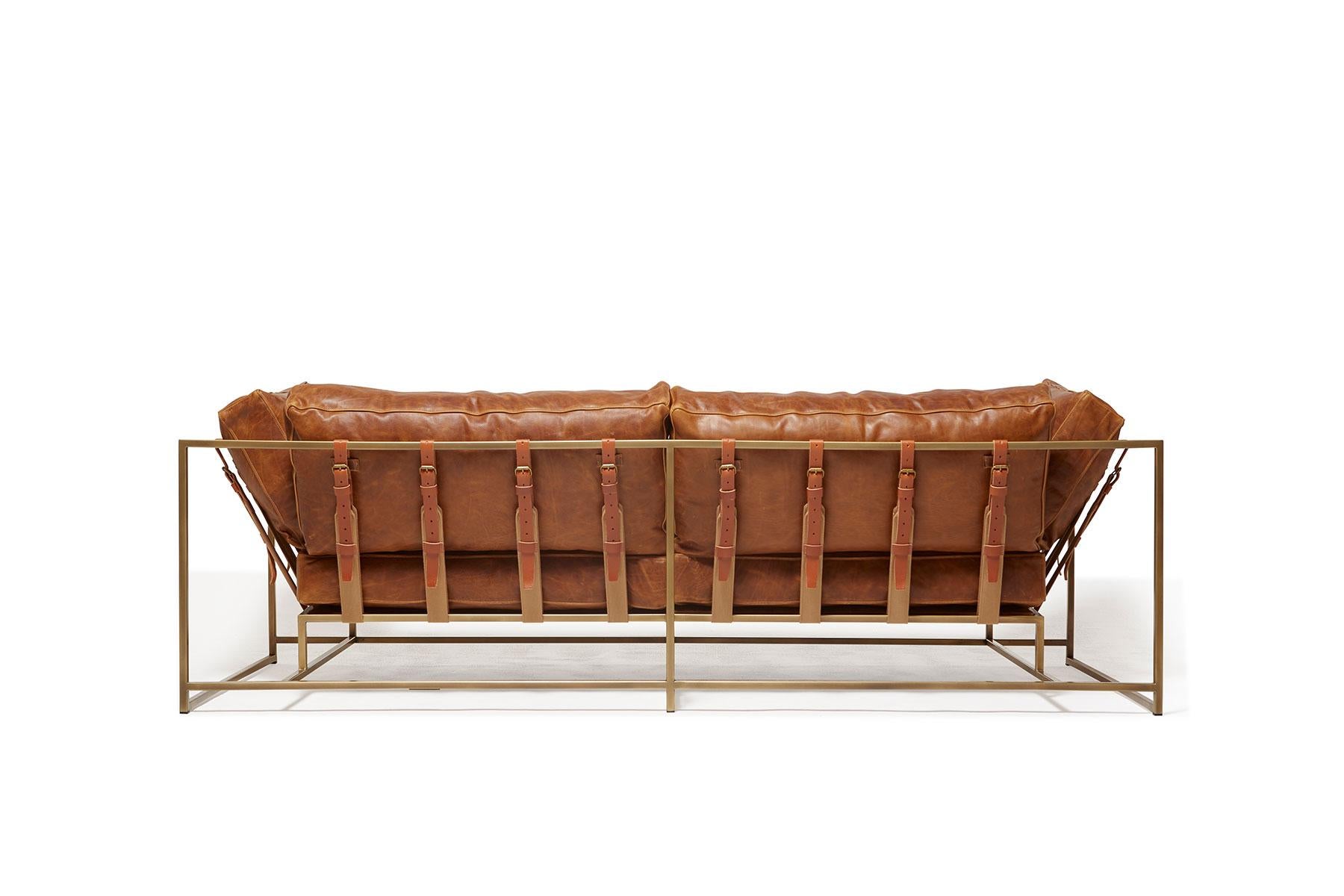 Modern Waxed Potomac Tan Leather and Antique Brass Sofa Set For Sale
