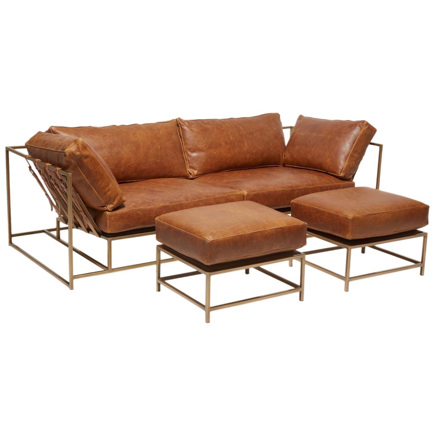 Waxed Potomac Tan Leather and Antique Brass Sofa Set