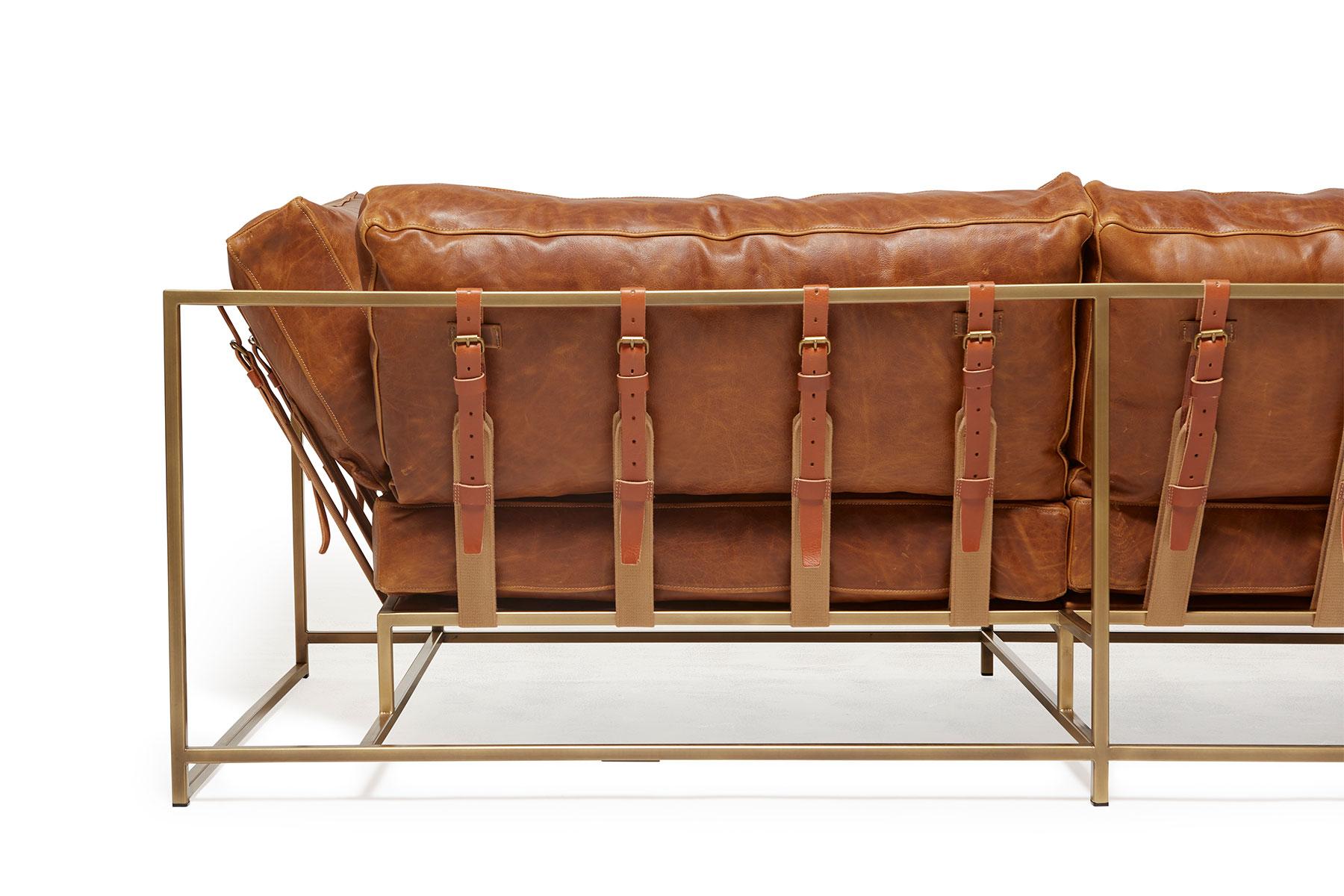 American Waxed Potomac Tan Leather and Antique Brass Two-Seat Sofa For Sale