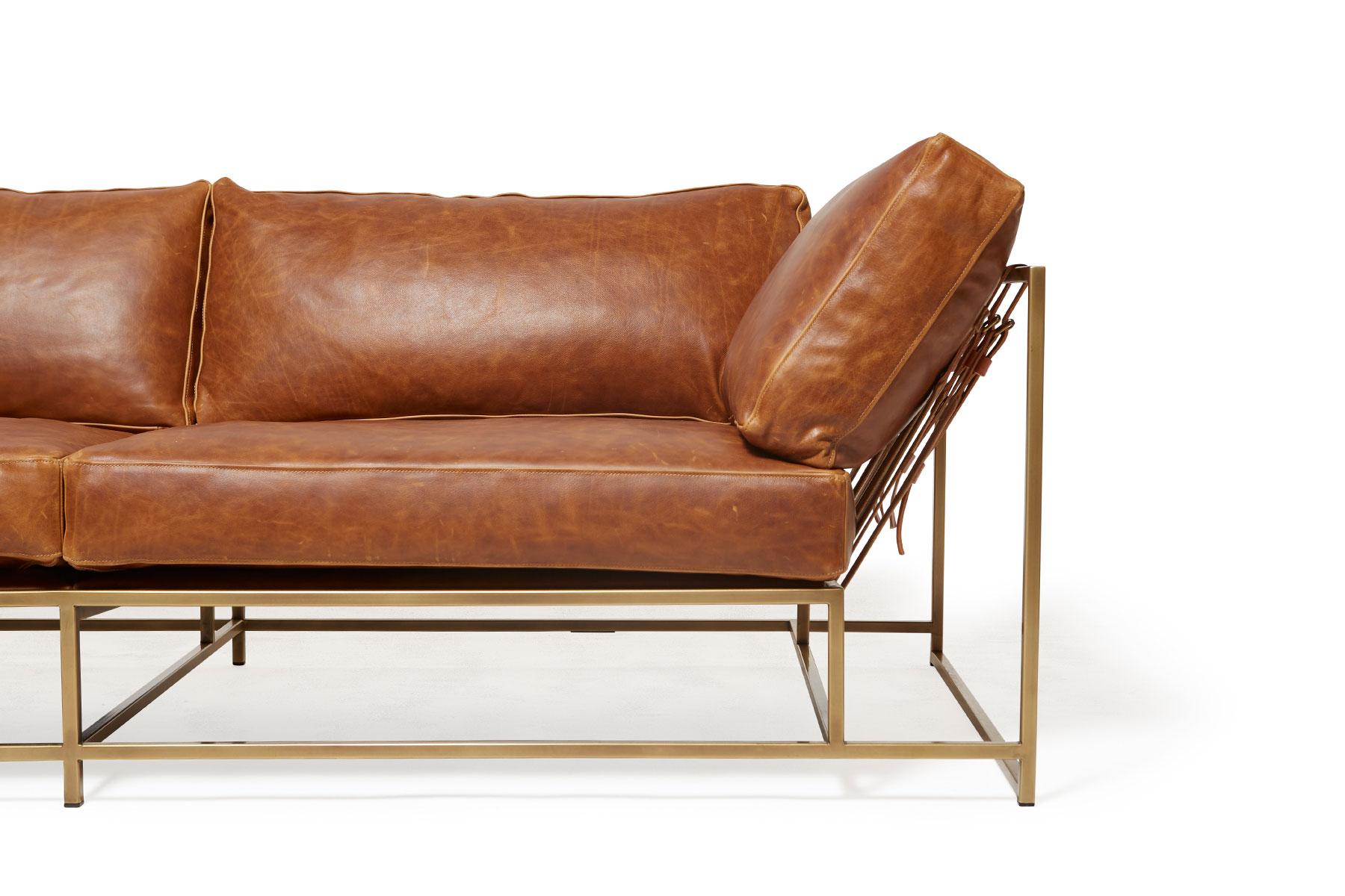 Metalwork Waxed Potomac Tan Leather and Antique Brass Two-Seat Sofa For Sale
