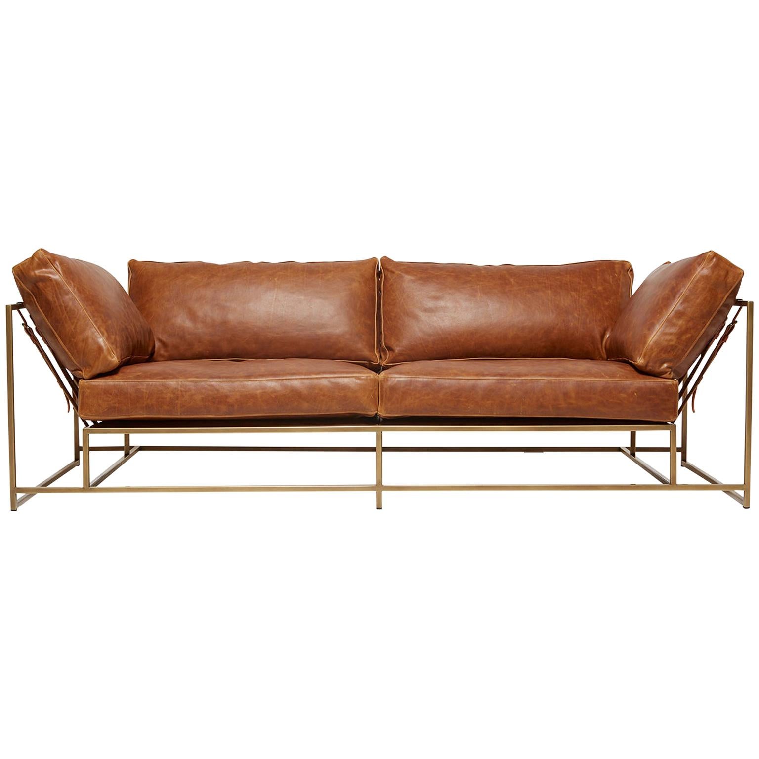 Waxed Potomac Tan Leather and Antique Brass Two-Seat Sofa For Sale