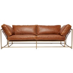 Waxed Potomac Tan Leather and Antique Brass Two-Seat Sofa