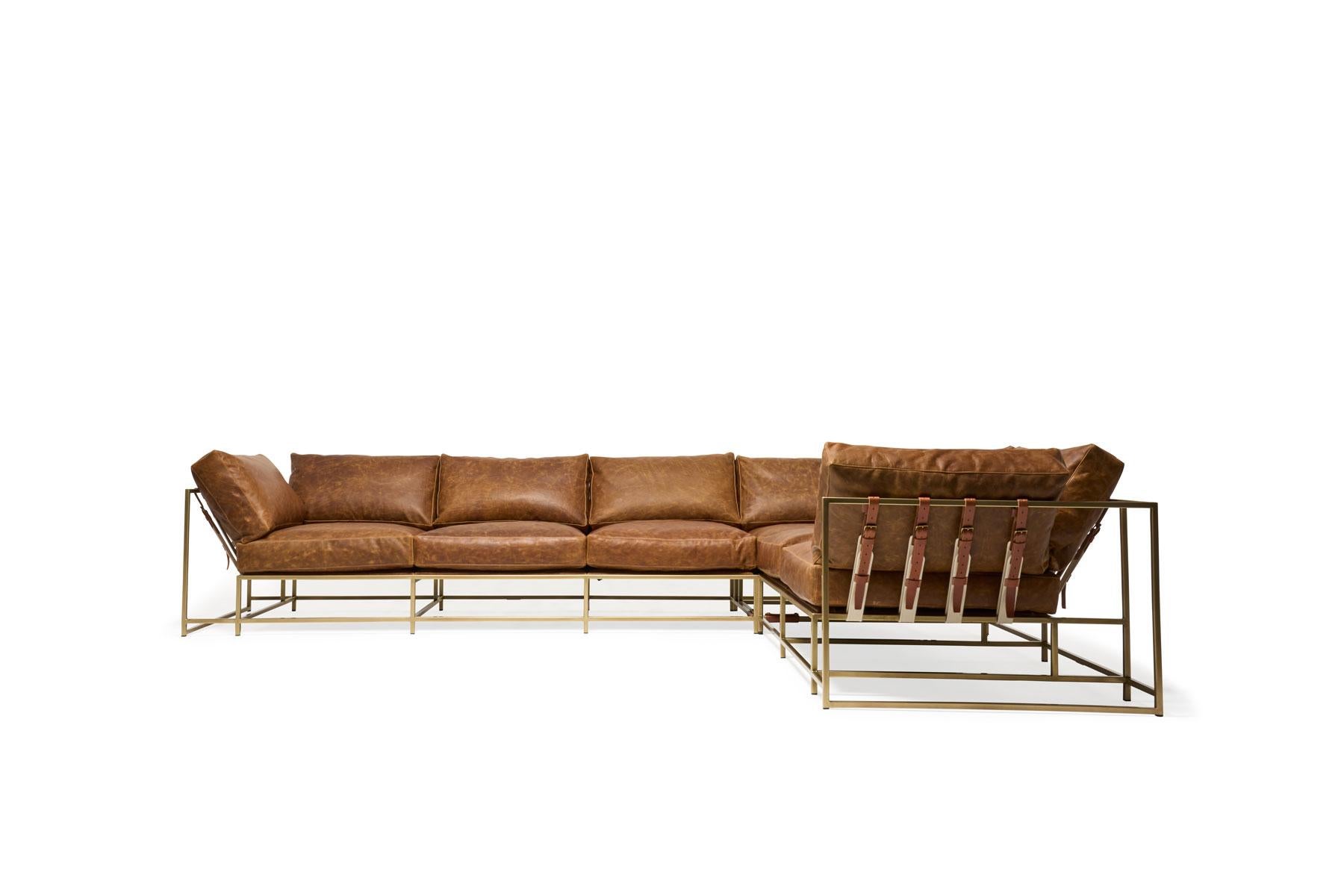 American Waxed Tan Leather & Antique Brass Sectional For Sale