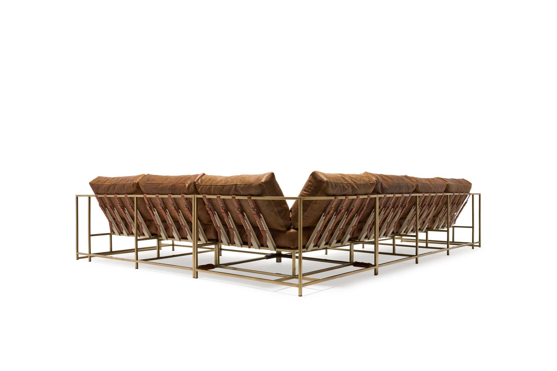 Metalwork Waxed Tan Leather & Antique Brass Sectional For Sale