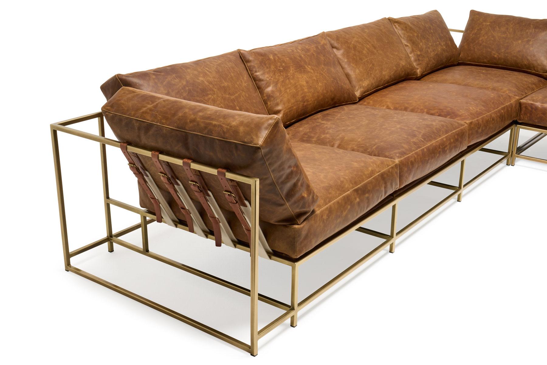 Contemporary Waxed Tan Leather & Antique Brass Sectional For Sale