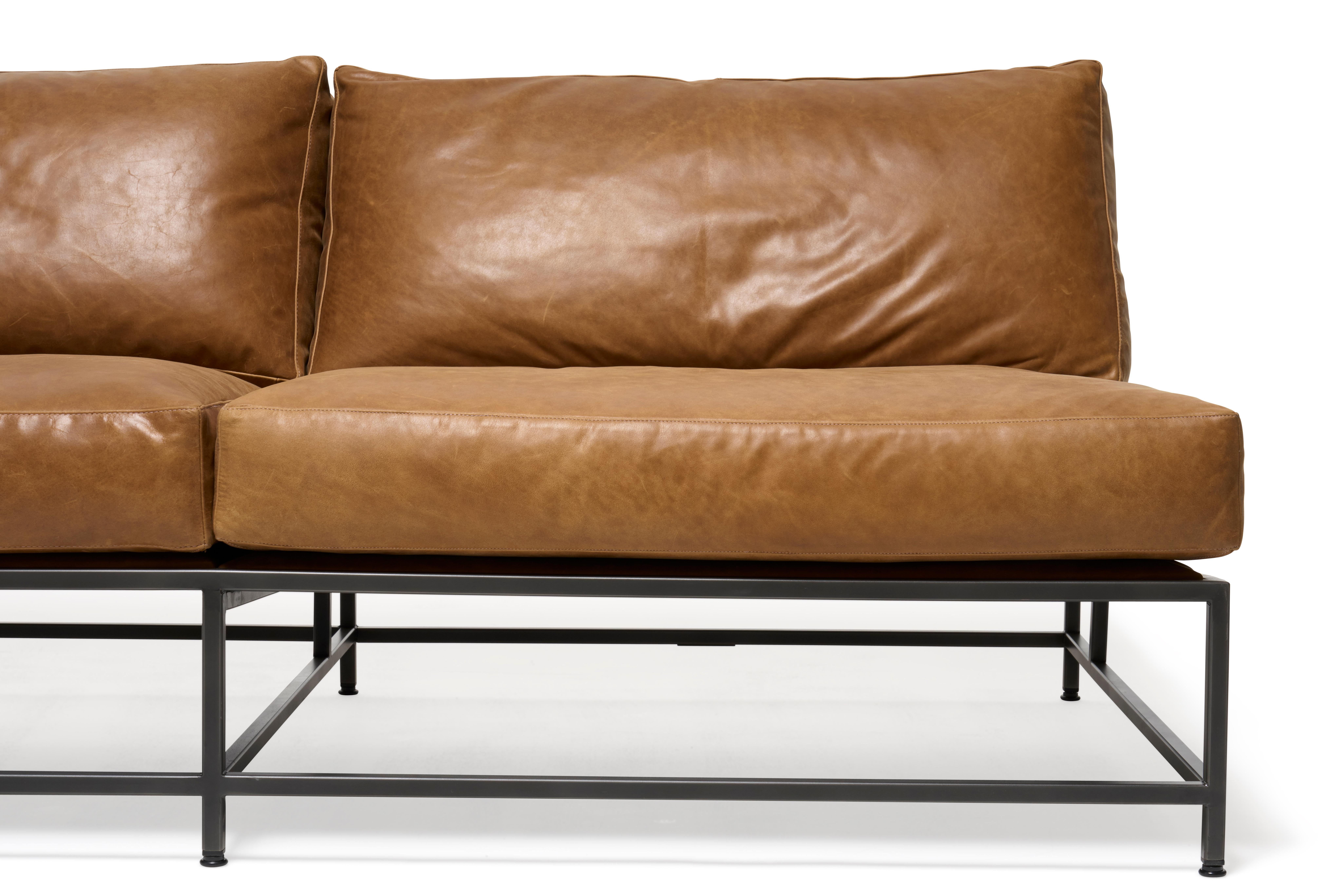 Waxed Walnut Leather & Blackened Steel Loveseat In New Condition For Sale In Los Angeles, CA