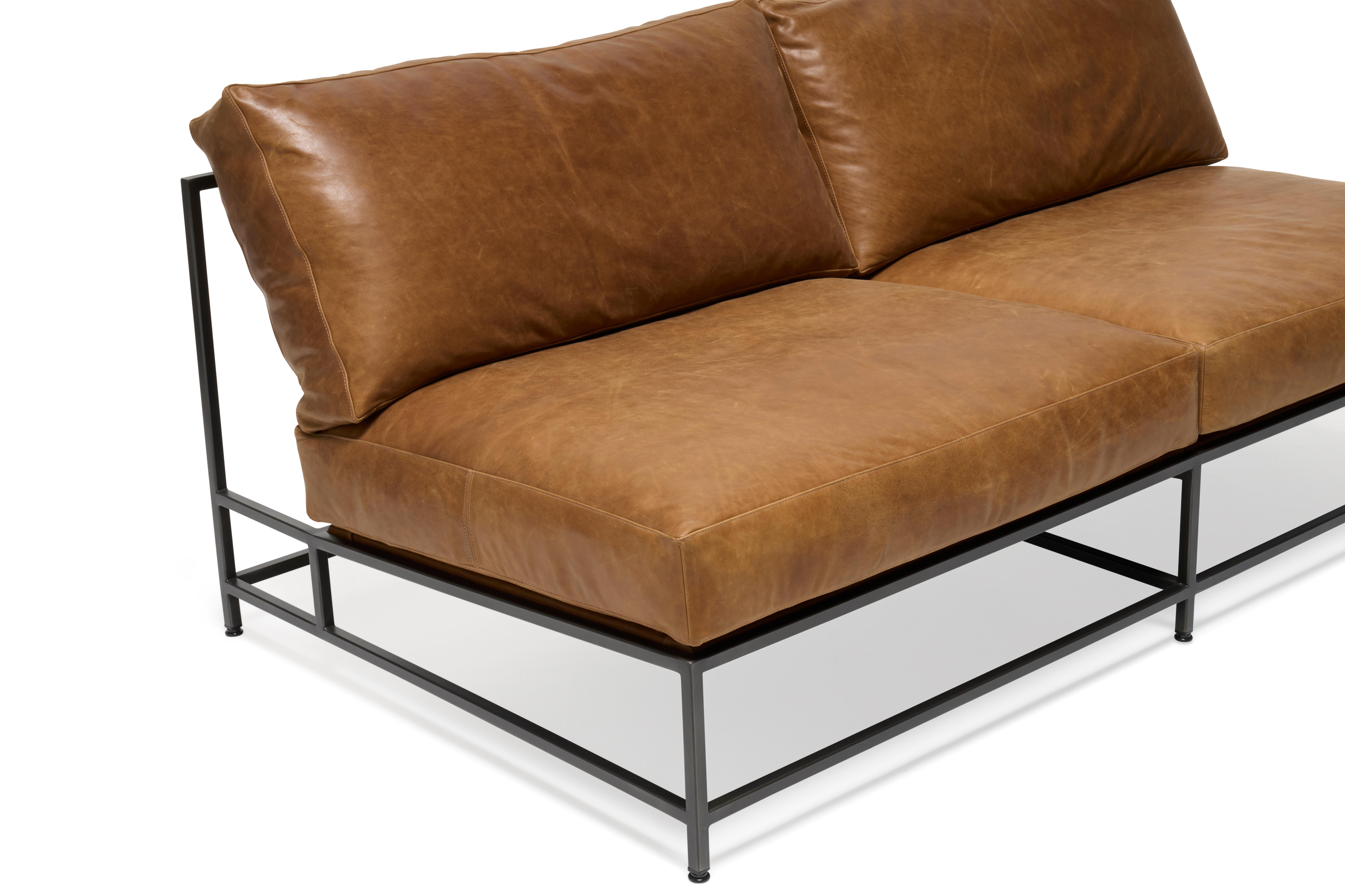 Contemporary Waxed Walnut Leather & Blackened Steel Loveseat For Sale
