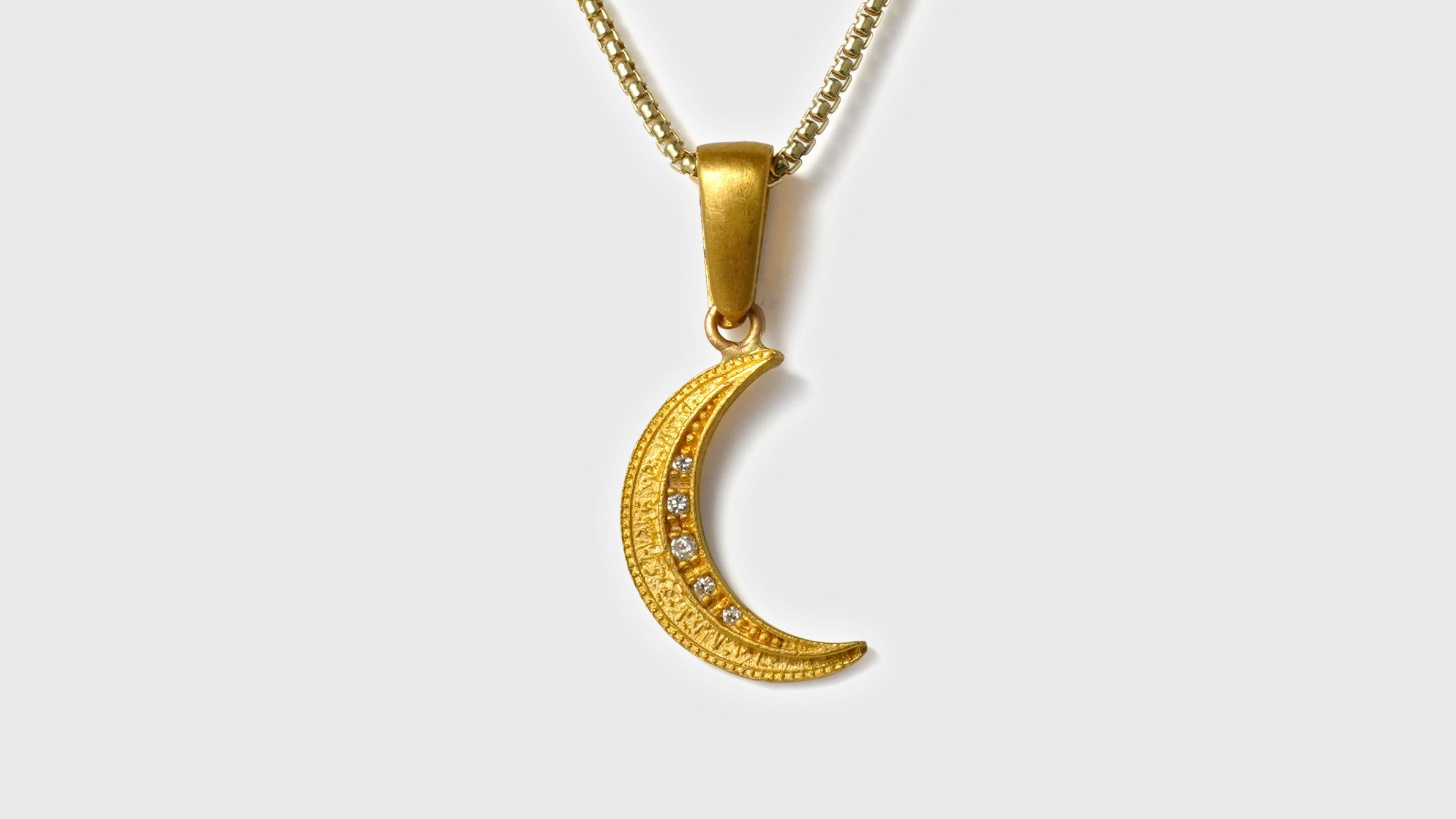 Moon Charm, 24K Solid Yellow Gold Moon, Waxing or Waning, Pendant-Charm with Diamonds

Size - Small Charm (Looks great paired and layered with other charm pendants.)
6 Diamonds - 0.04cts
24kt Gold - 1.62 grams

THE STORY

The crescent moon has been