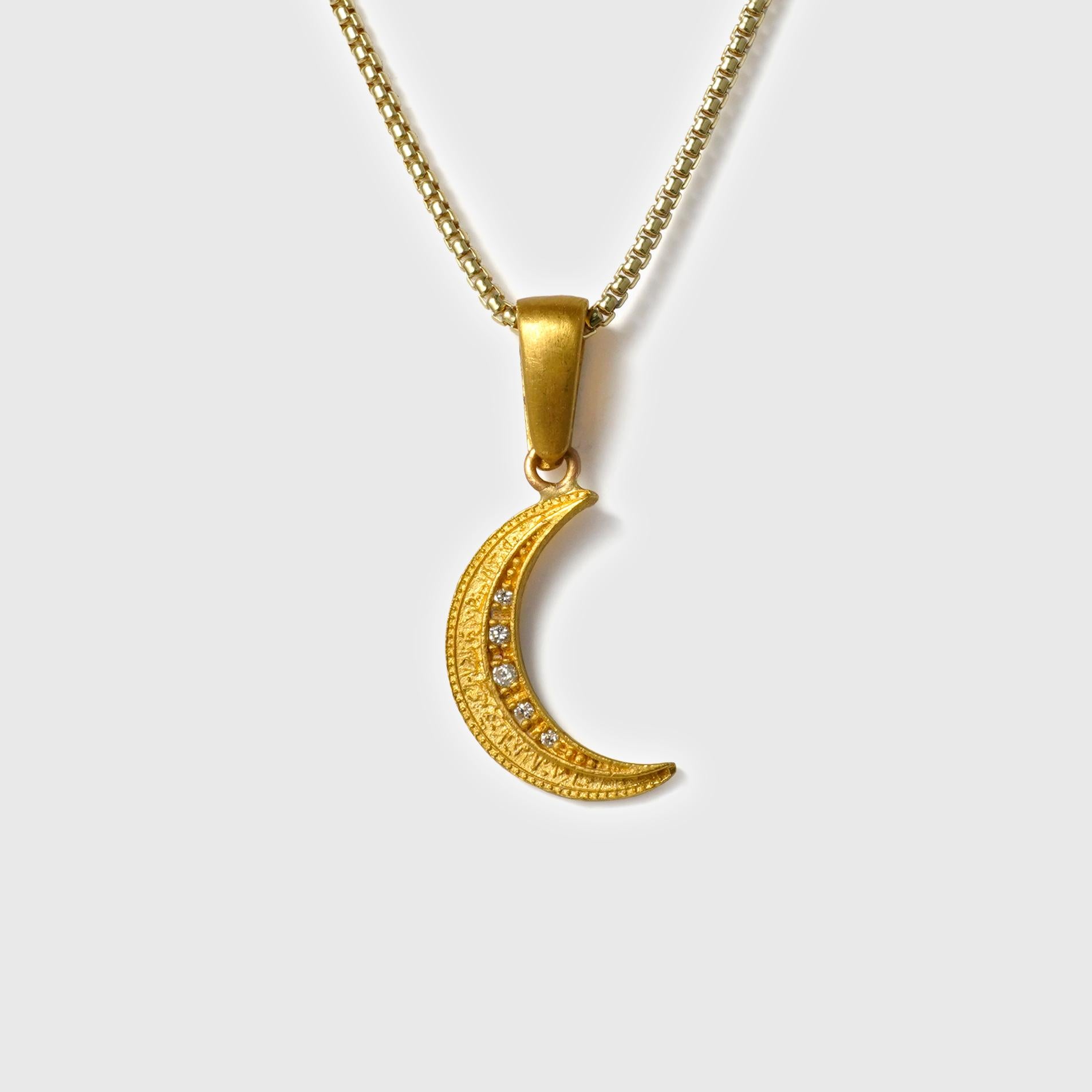 Art Nouveau Waxing or Waning Moon Charm Pendant, 24K Solid Yellow Gold with 0.04ct Diamonds For Sale