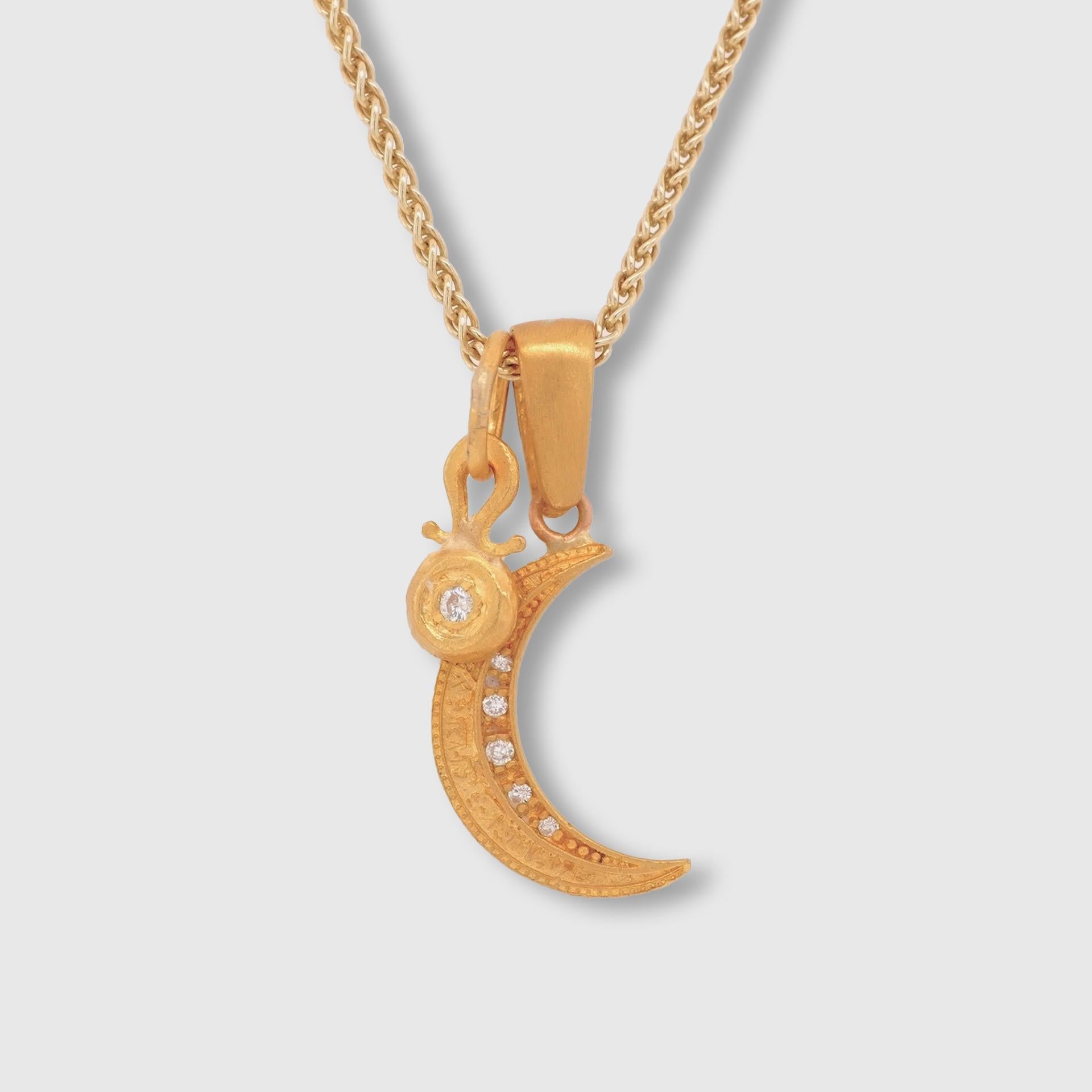 Round Cut Waxing or Waning Moon Charm Pendant, 24K Solid Yellow Gold with 0.04ct Diamonds For Sale