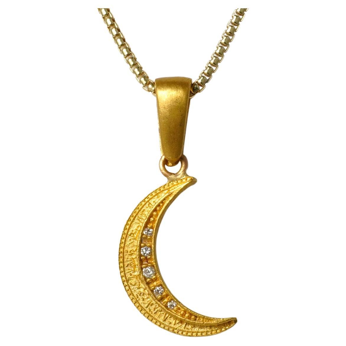 Waxing or Waning Moon Charm Pendant, 24K Solid Yellow Gold with 0.04ct Diamonds For Sale