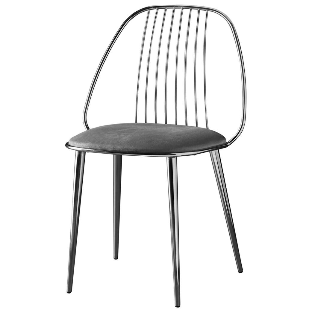 Waya, Black Chrome Finish Dining Chair and Grey Econabuk Seat, Made in Italy