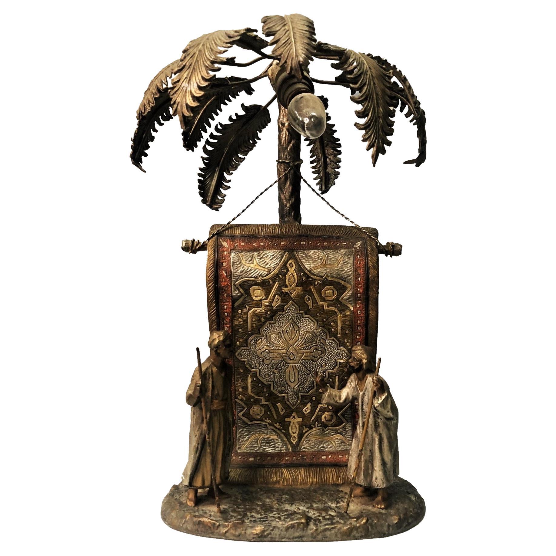 Wayfarers in Oasis, Vienna Cold-Painted Metal Lamp, 19th Century For Sale