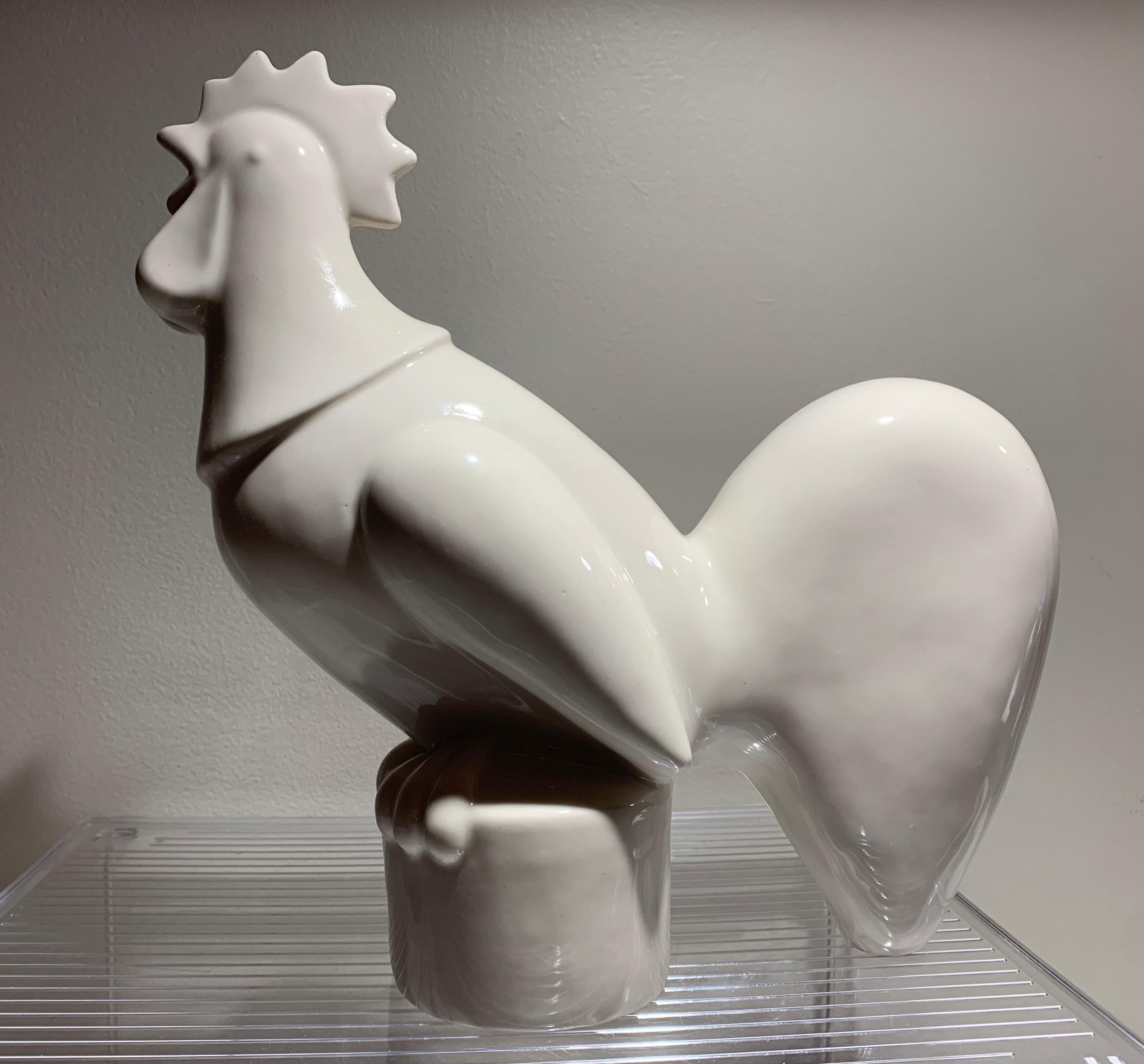 Waylande Gregory Art Deco ceramic rooster sculpture, glazed, 1940s, USA 
Literature:
Folk, Thomas, Waylande Gregory: Art Deco Ceramics and the Atomic Impulse, University of Richmond Museums, 2013.
Waylande Desantis Gregory (1905 Baxter Springs,