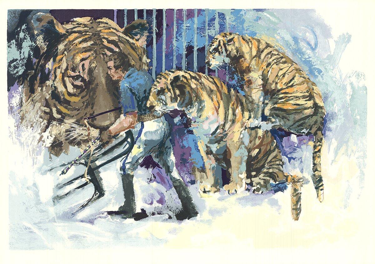 Dies ist ein Druckfahne von "Three Tigers in the Circus" von Wayland Moore, veröffentlicht von Pamplemousse Press im Jahr 1985. Der Siebdruck zeigt eine dynamische und lebendige Darstellung von drei Tigern zusammen mit einem Löwenbändiger in einer