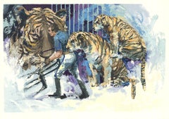 1985 Wayland Moore 'Drei Tiger im Zirkus' Zeitgenössische mehrfarbige USA-Serie