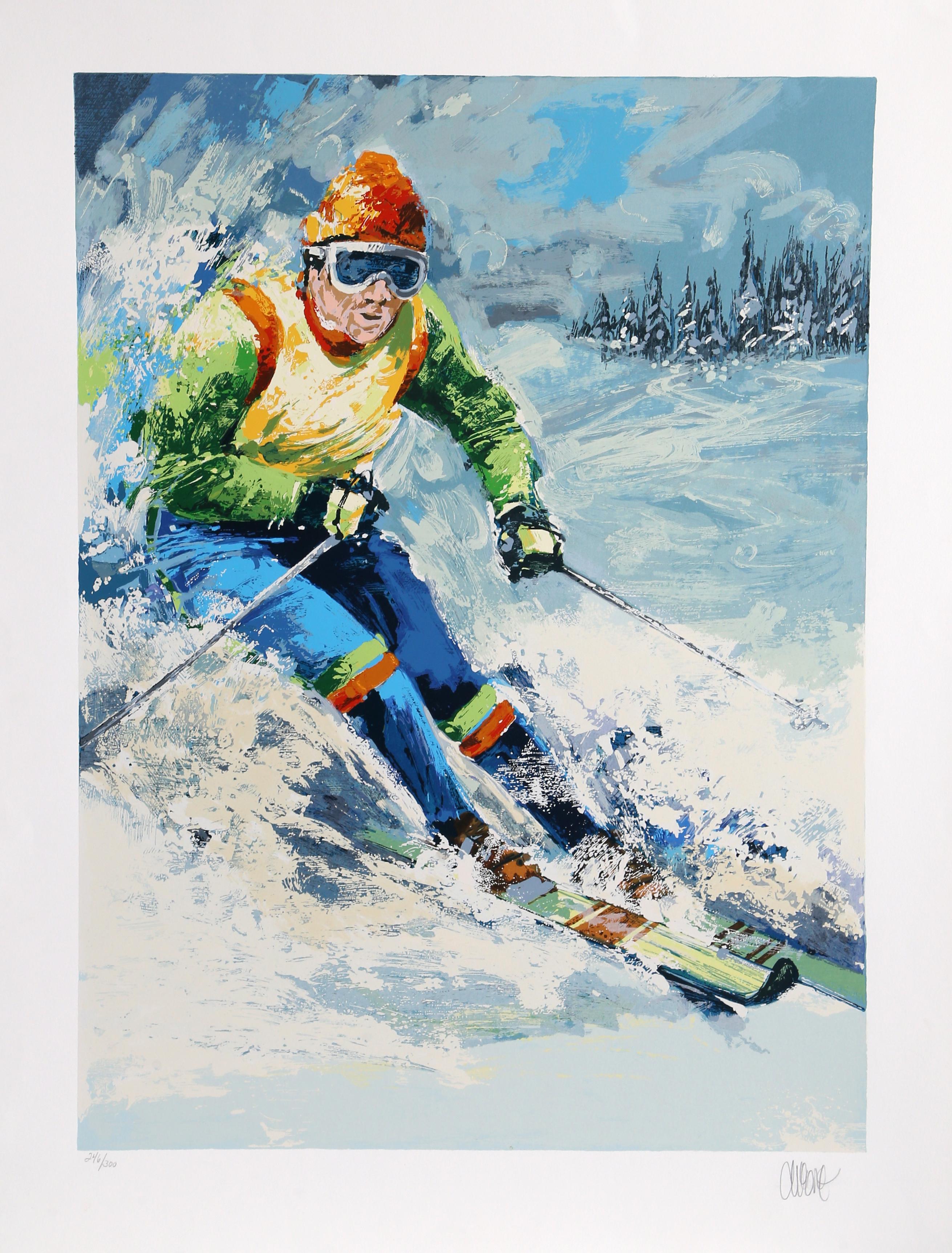 Skier I
Wayland Moore, American (1935)
Date: circa 1980
Screenprint, signed and numbered in pencil
Edition of 246/300
Image Size: 29.5 x 21 inches
Size: 36 x 27.5 in. (91.44 x 69.85 cm)
