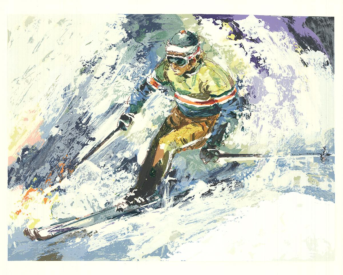 Wayland Moore-Skier-20.25" x 25.5"-Serigraph-1983-White, Multicolor-snow, ski
