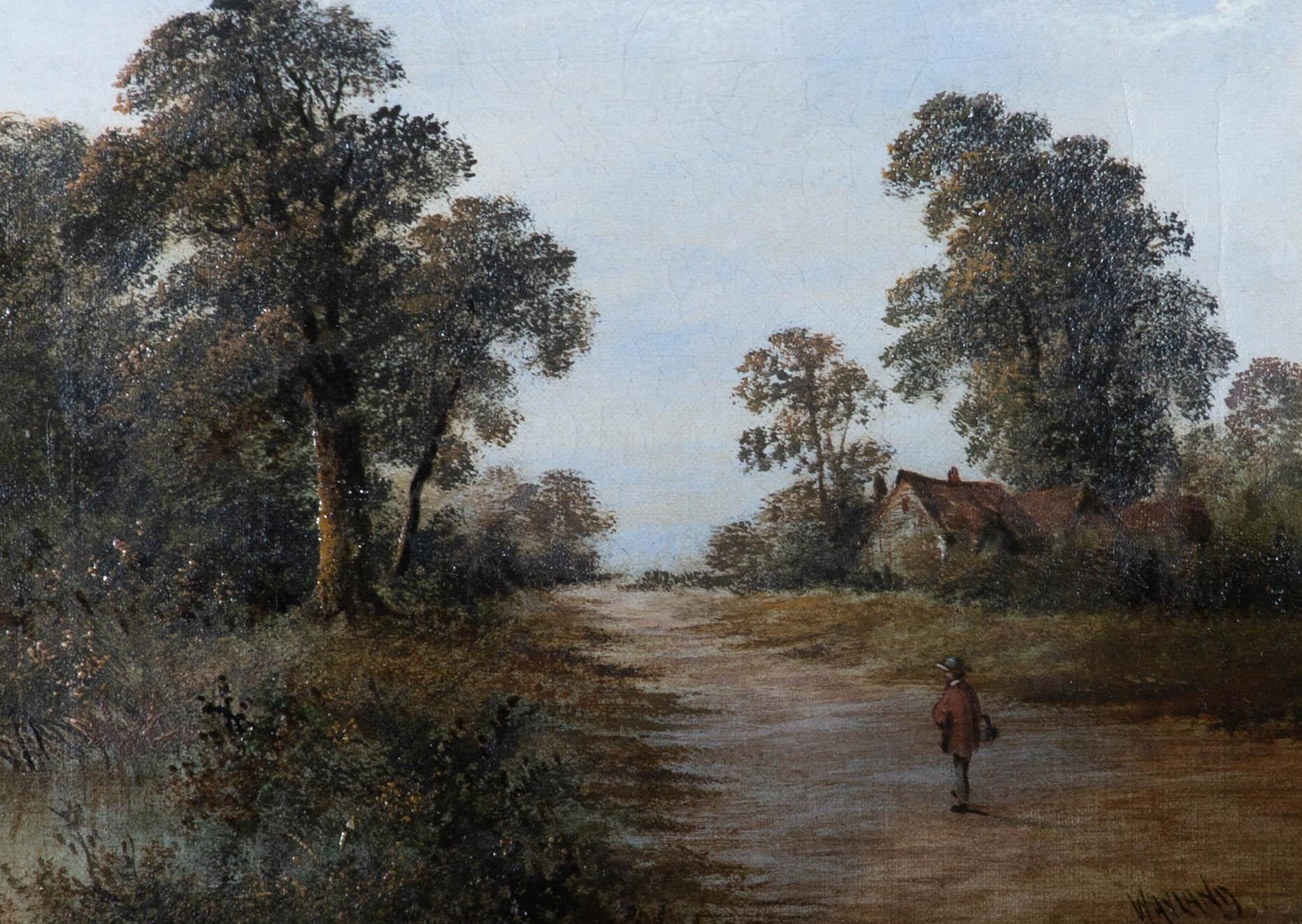 A charming rural scene showing a man taking a stroll down a picturesque country path with a cottage to the right. The artist has signed to the lower right corner and the painting has been presented in a gilt frame with laurel and berry molding,