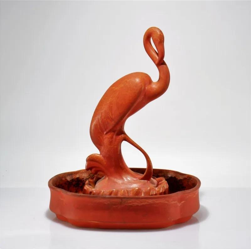 Waylande Gregory for Cowan Pottery Coral Flamingo Centerpiece Planter Set 1929 In Good Condition For Sale In Brooklyn, NY