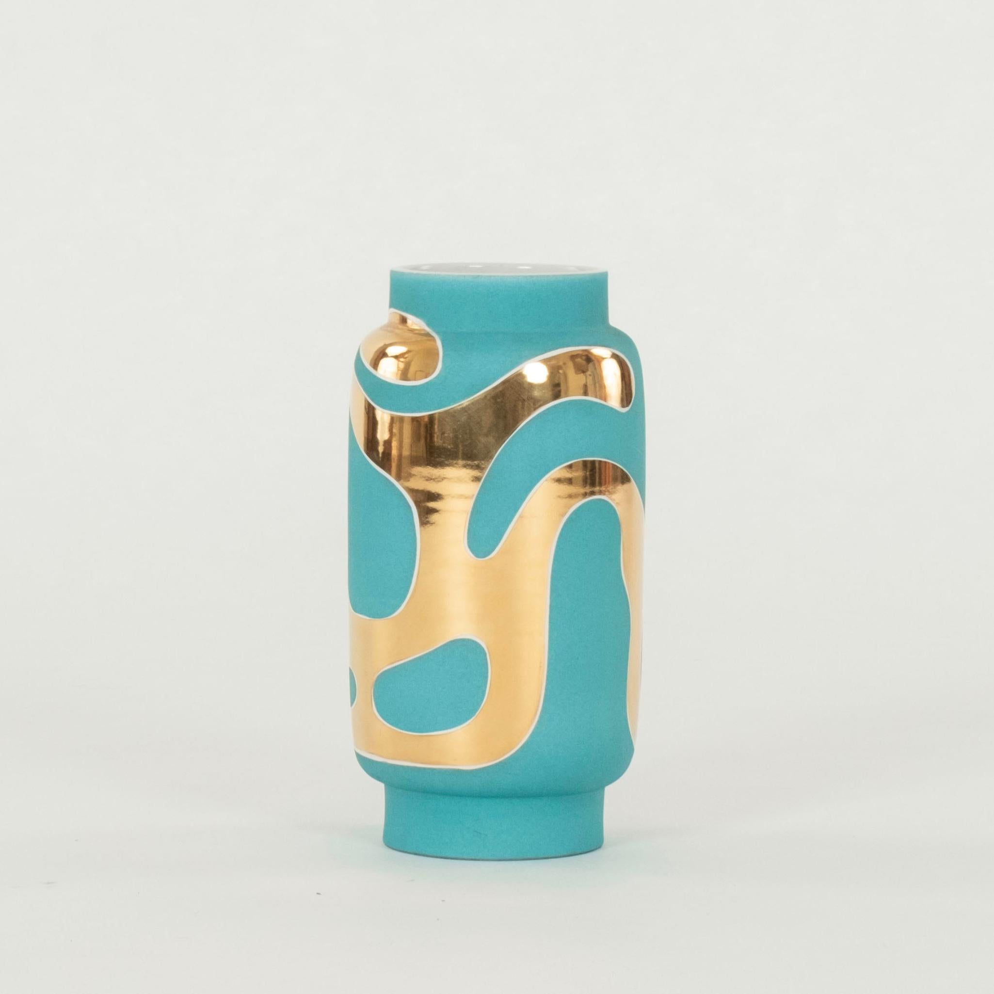 Turquoise and 22K gold glazed porcelain vase by Waylande Gregory.