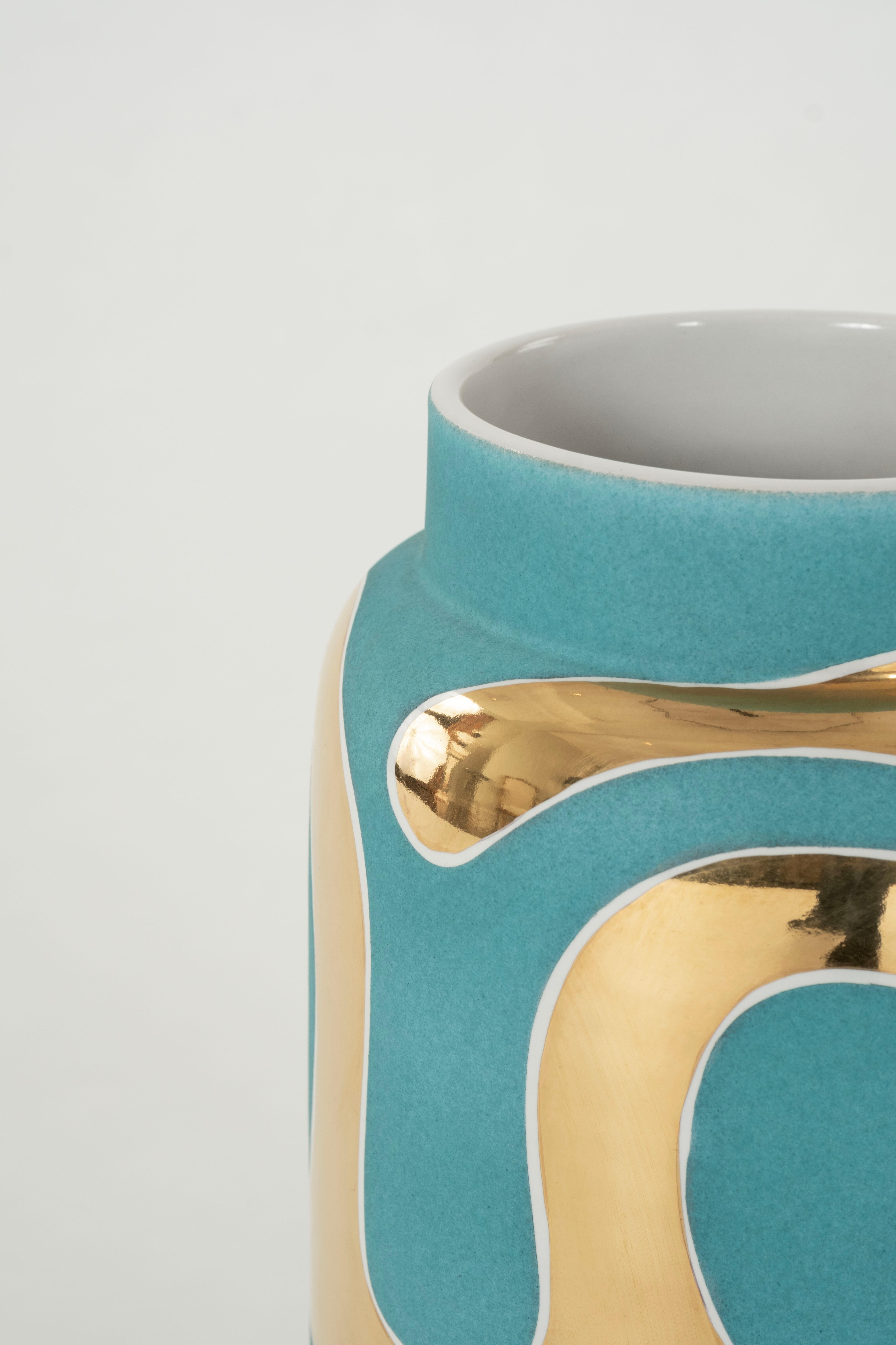 Glazed Waylande Gregory Turquoise Gold Lava Vase For Sale