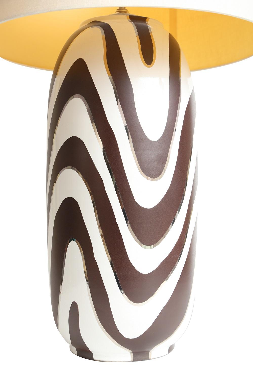 Waylande Gregory zebra table lamp in white, platinum and brown.

Dimensions: 
D 9