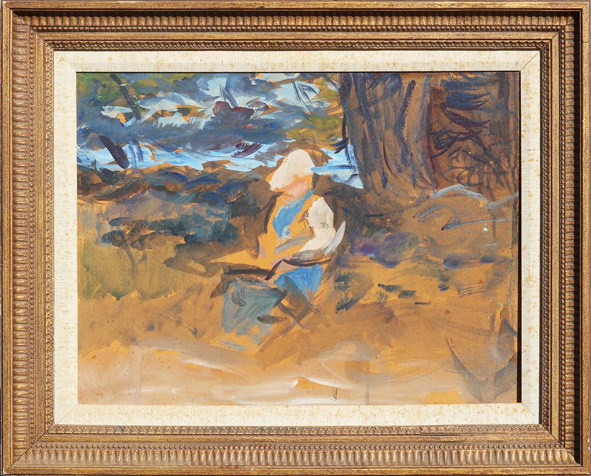 Abstract Painting di Wayman Adams - Paesaggio figurativo astratto dai toni blu, giallo, arancio e crema con lago