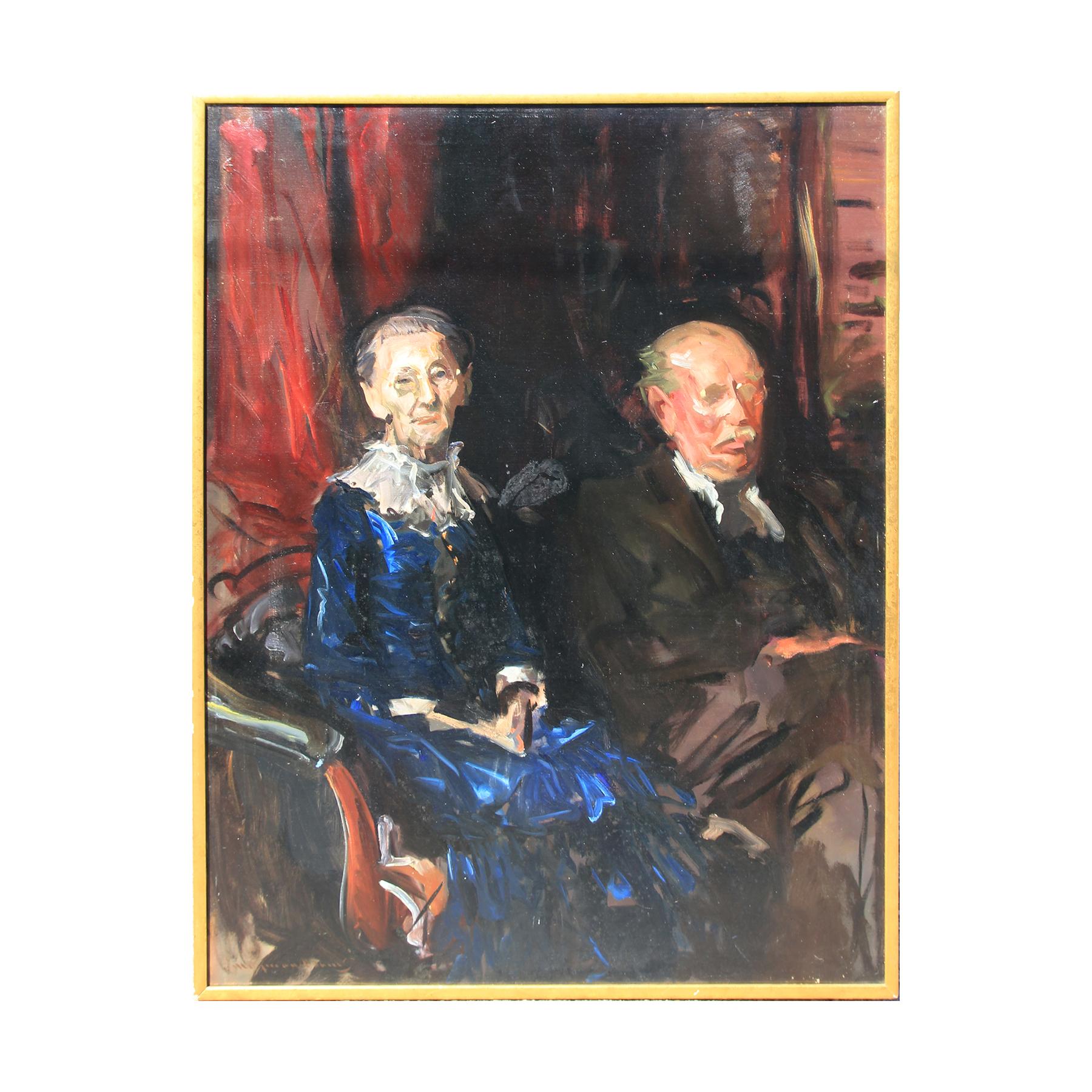 Wayman Adams Figurative Painting - Dark Toned Impressionist Style Portrait of an Elderly Texas Couple 