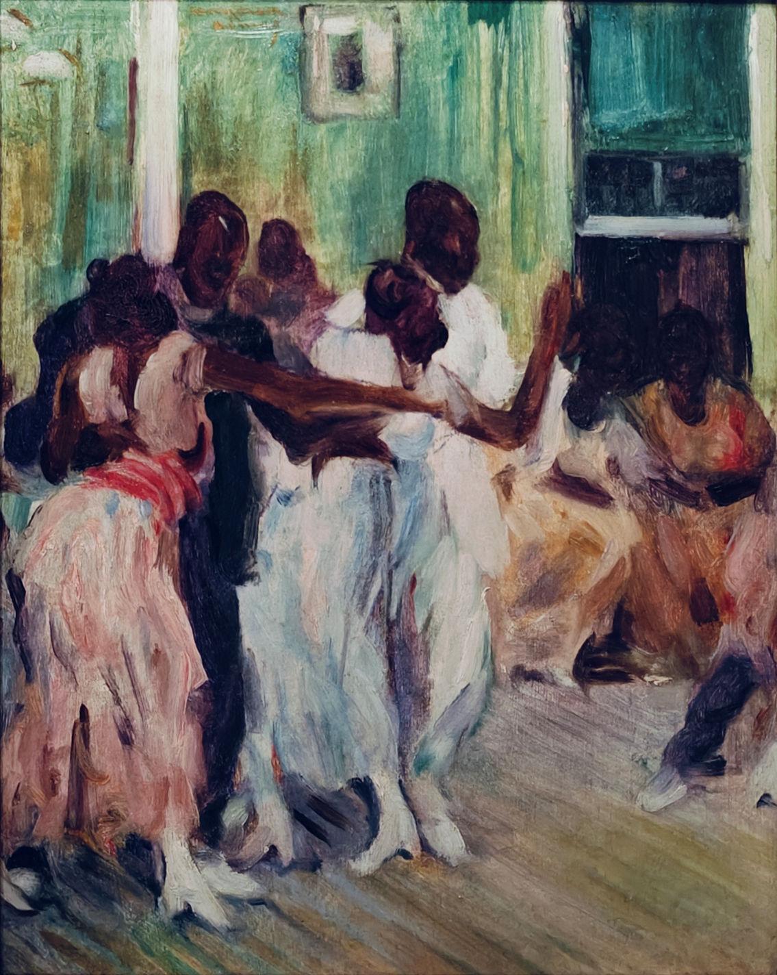 Wayman Adams
Fox Trot, hacia 1915
Firmado arriba a la izquierda; titulado en el reverso
Óleo sobre tabla
15 1/2 x 12 pulgadas


Adams nació en una granja rural de Indiana, cerca de Muncie. Su padre, granjero de caballos y artista aficionado, fomentó