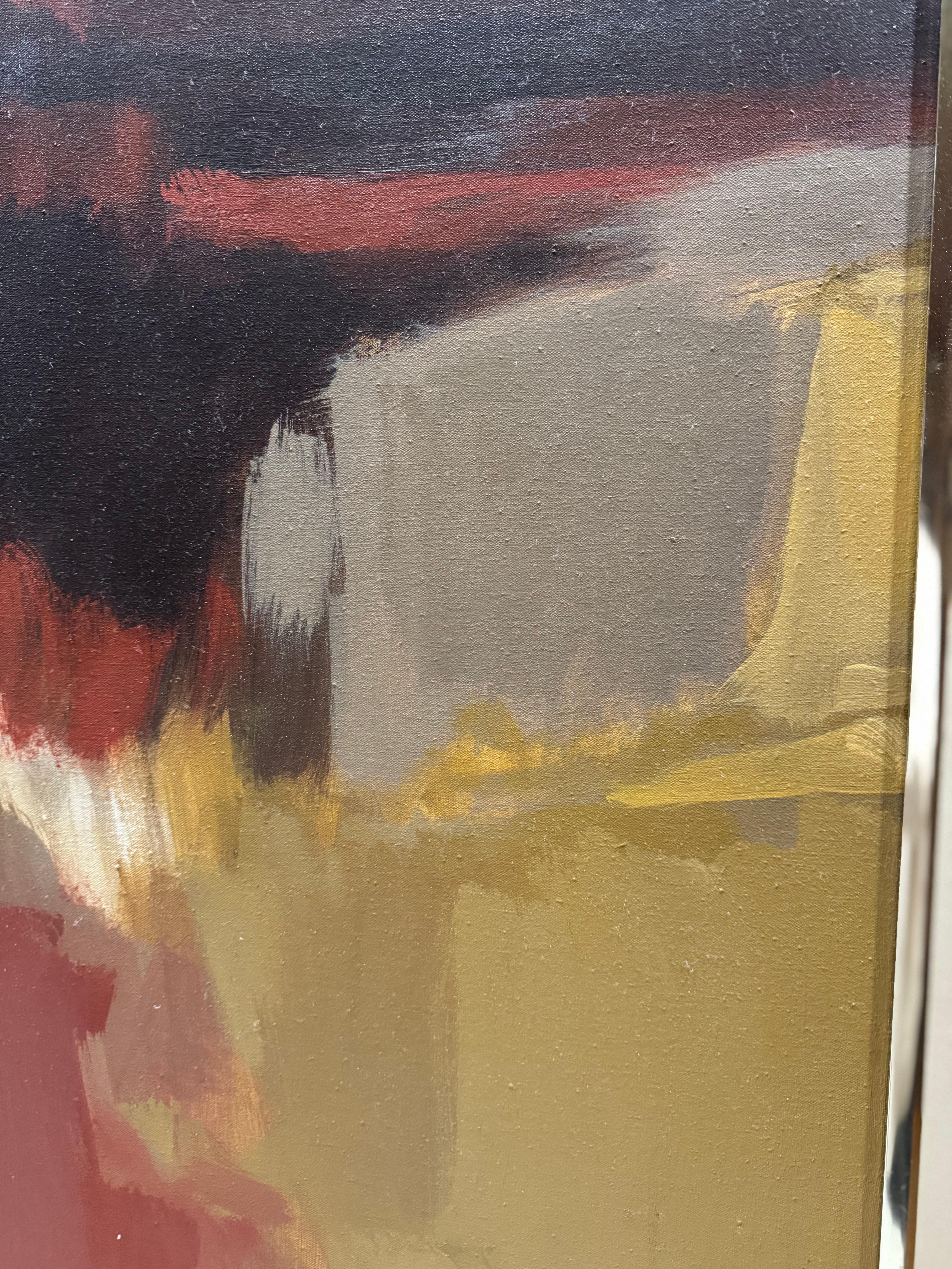 This is a large 5' x 4' abstract landscape by Wayne Amerine.
The painting displays beautiful evening sunset colors.
His loose brushstrokes shows his mastery of technique.
The painting is signed in the lower right corner.
It comes framed as shown.