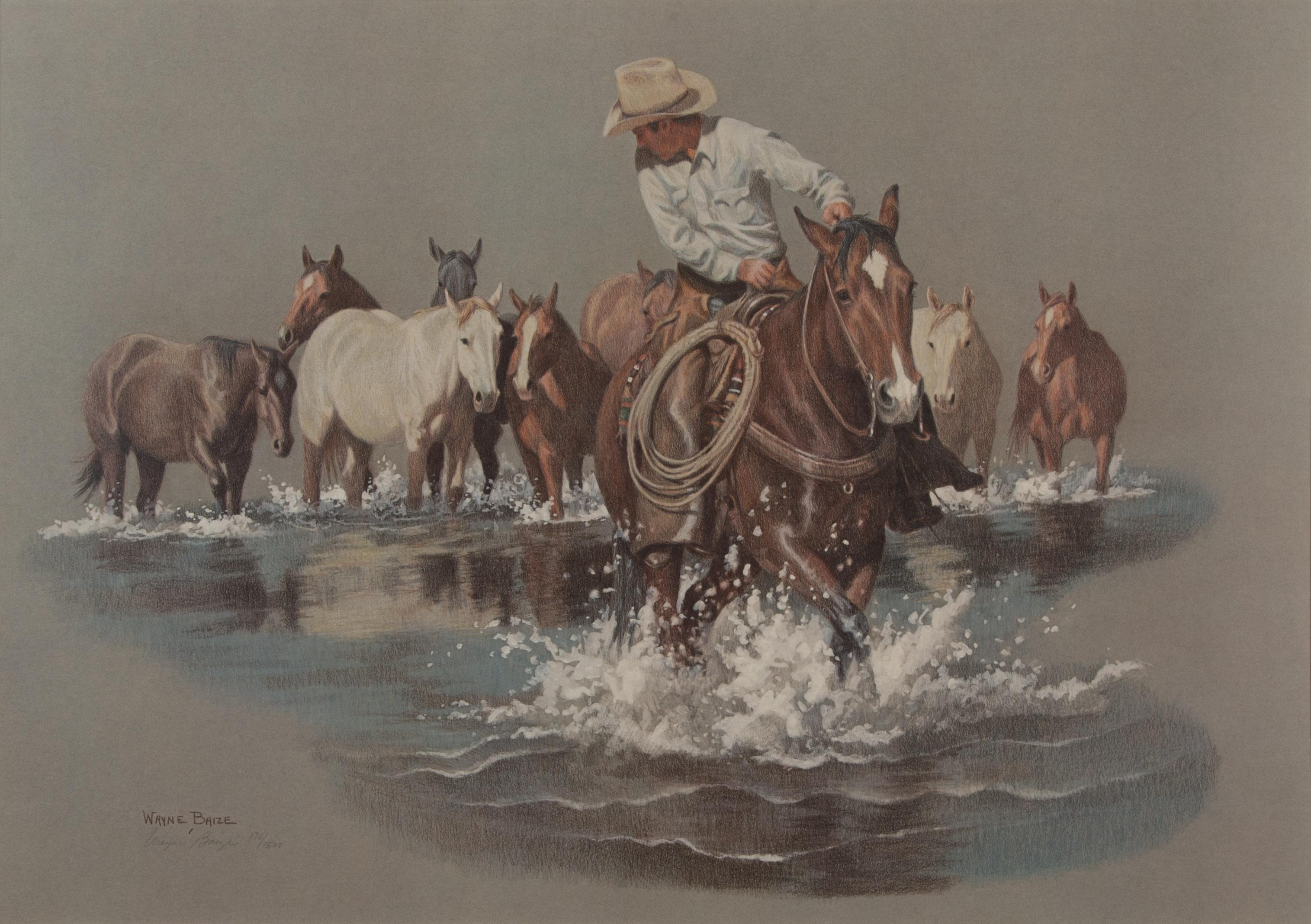 Limpia Creek Crossing, lithograph, signed and numberd, Cowboy Western Art - Print by Wayne Baize