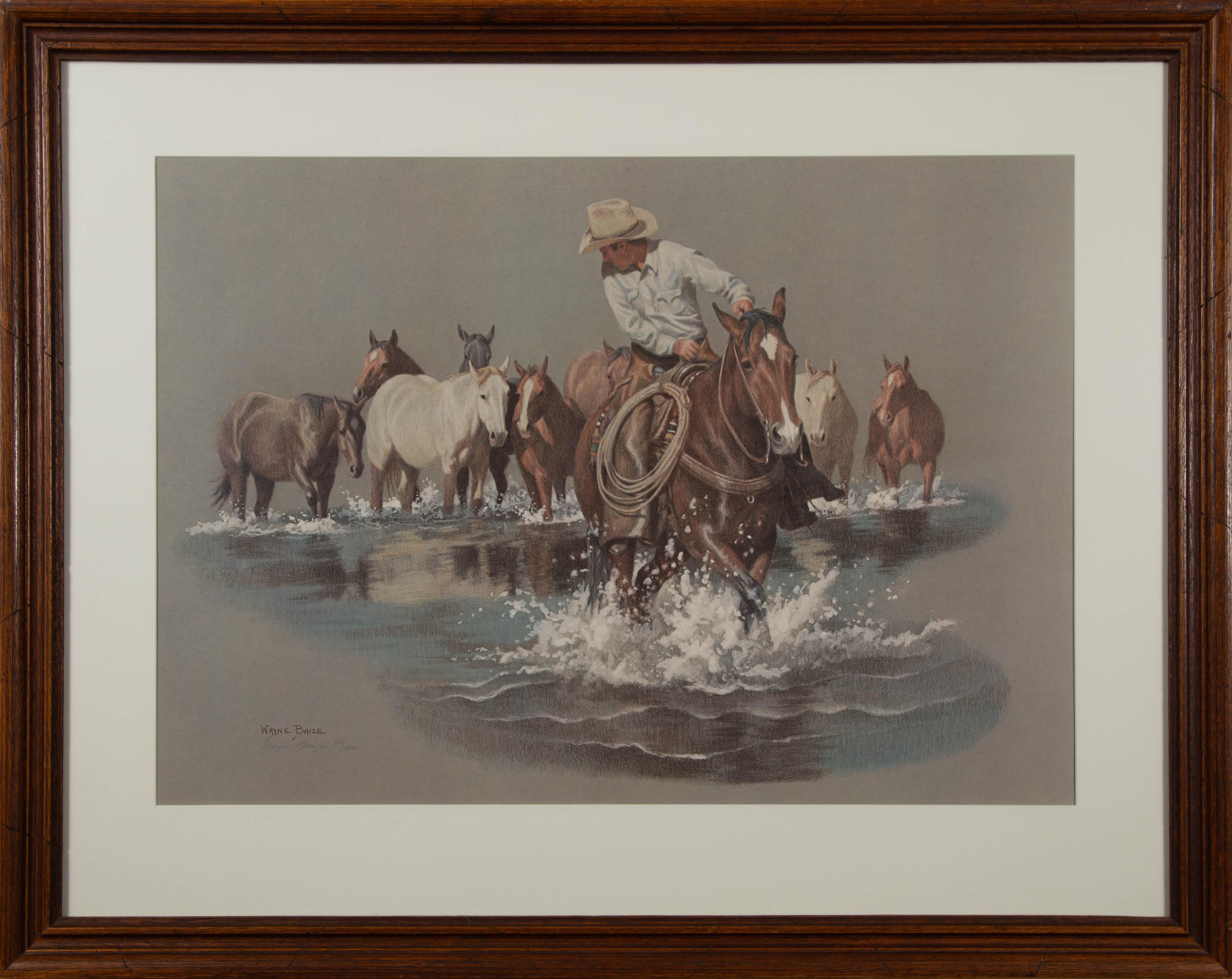 Limpia Creek Crossing, lithograph, signed and numberd, Cowboy Western Art