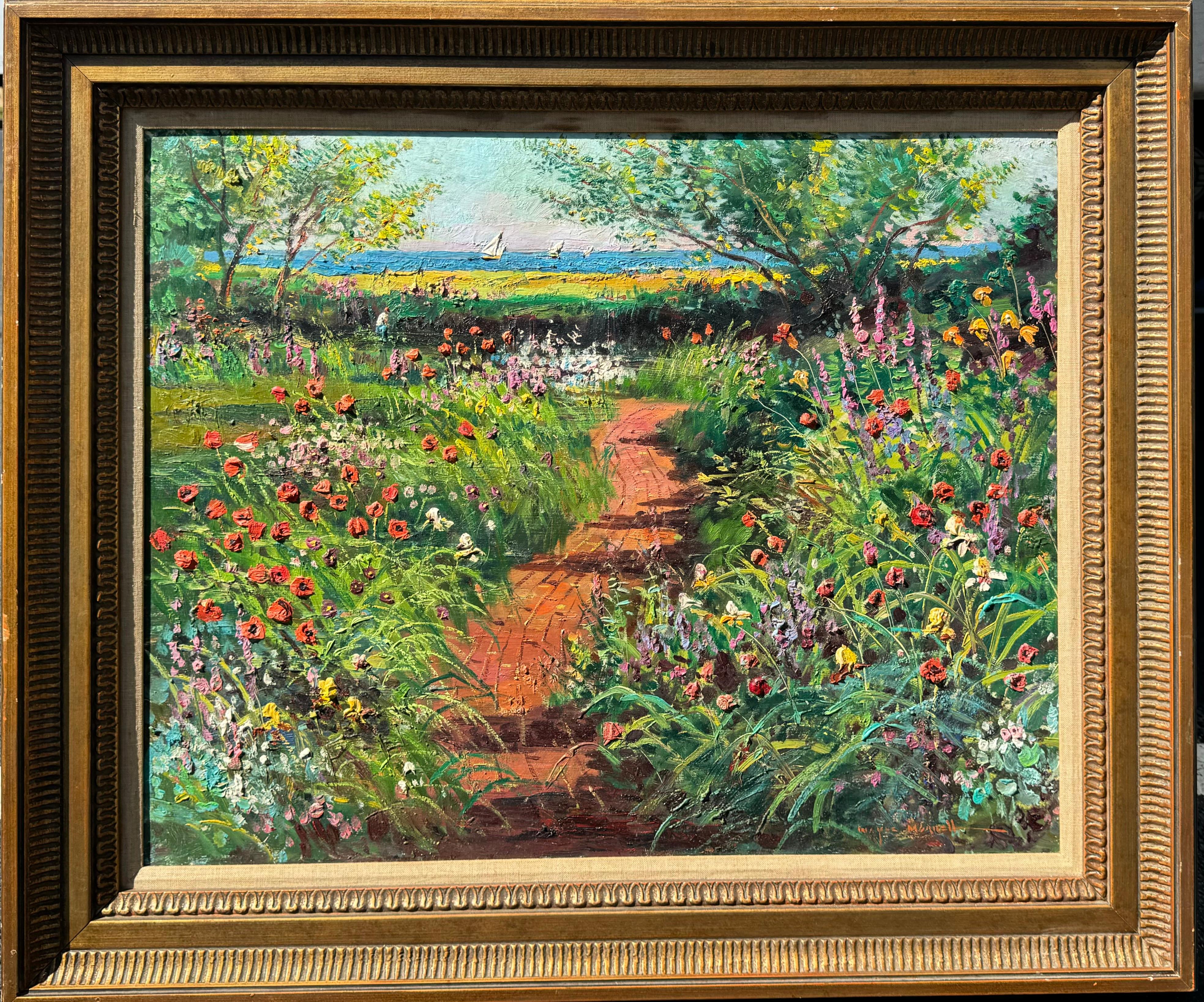 Increíble yate impresionista americano CAPE ANN Seaside WildFlower Garden Yachts - Painting de Wayne Beam Morrell