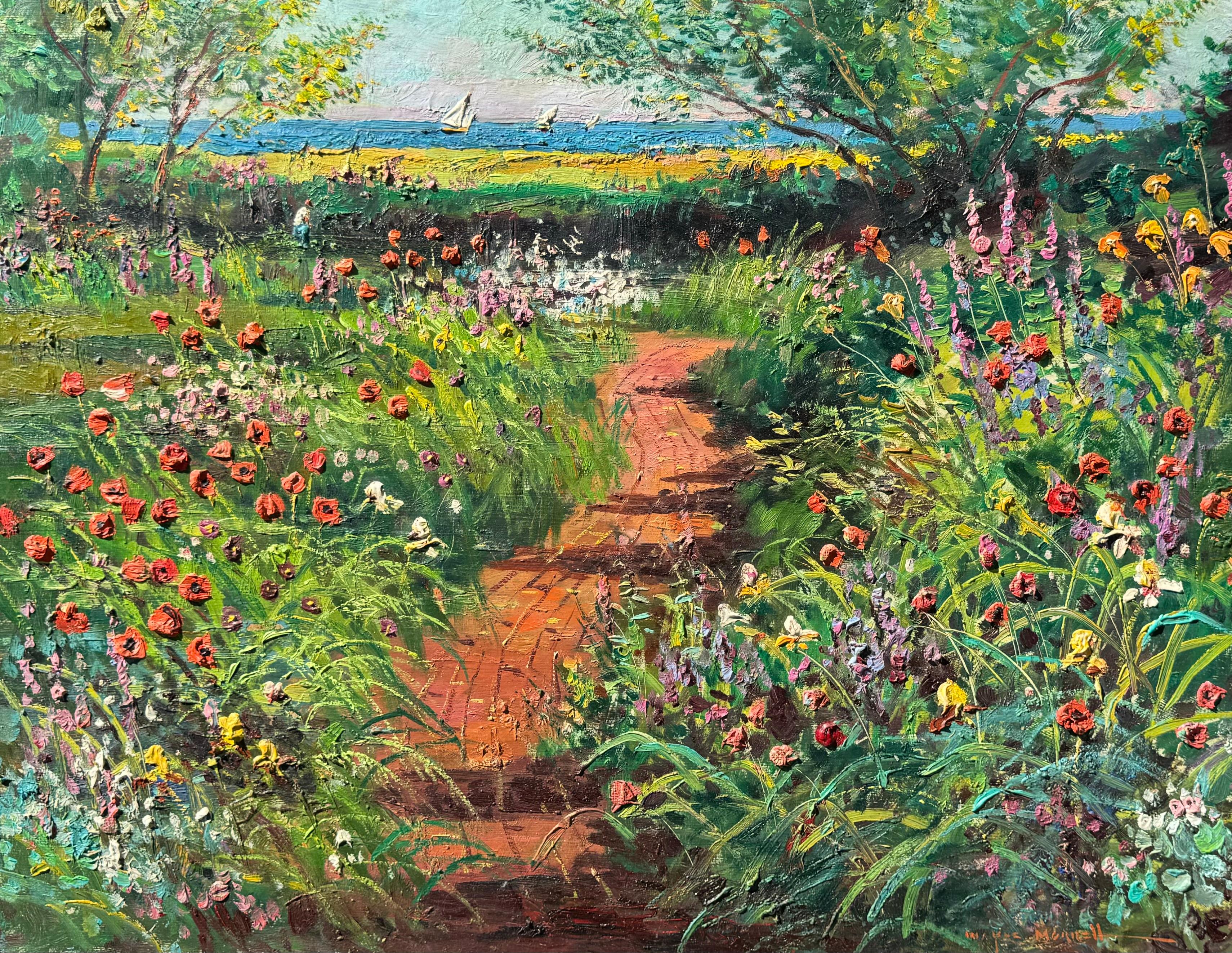 Increíble yate impresionista americano CAPE ANN Seaside WildFlower Garden Yachts - Painting Impresionista de Wayne Beam Morrell