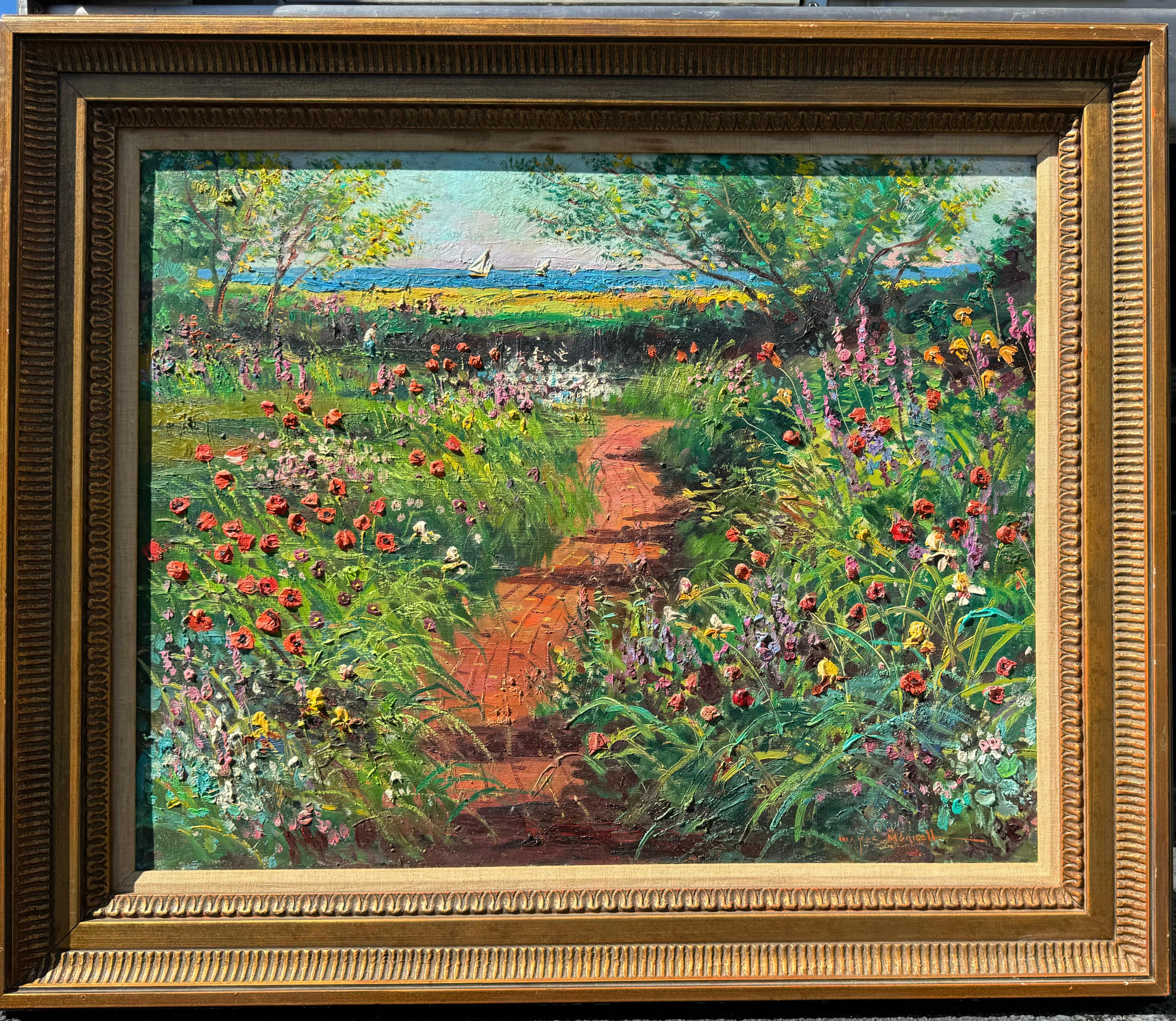 Increíble yate impresionista americano CAPE ANN Seaside WildFlower Garden Yachts - Landscape Painting Gris de Wayne Beam Morrell