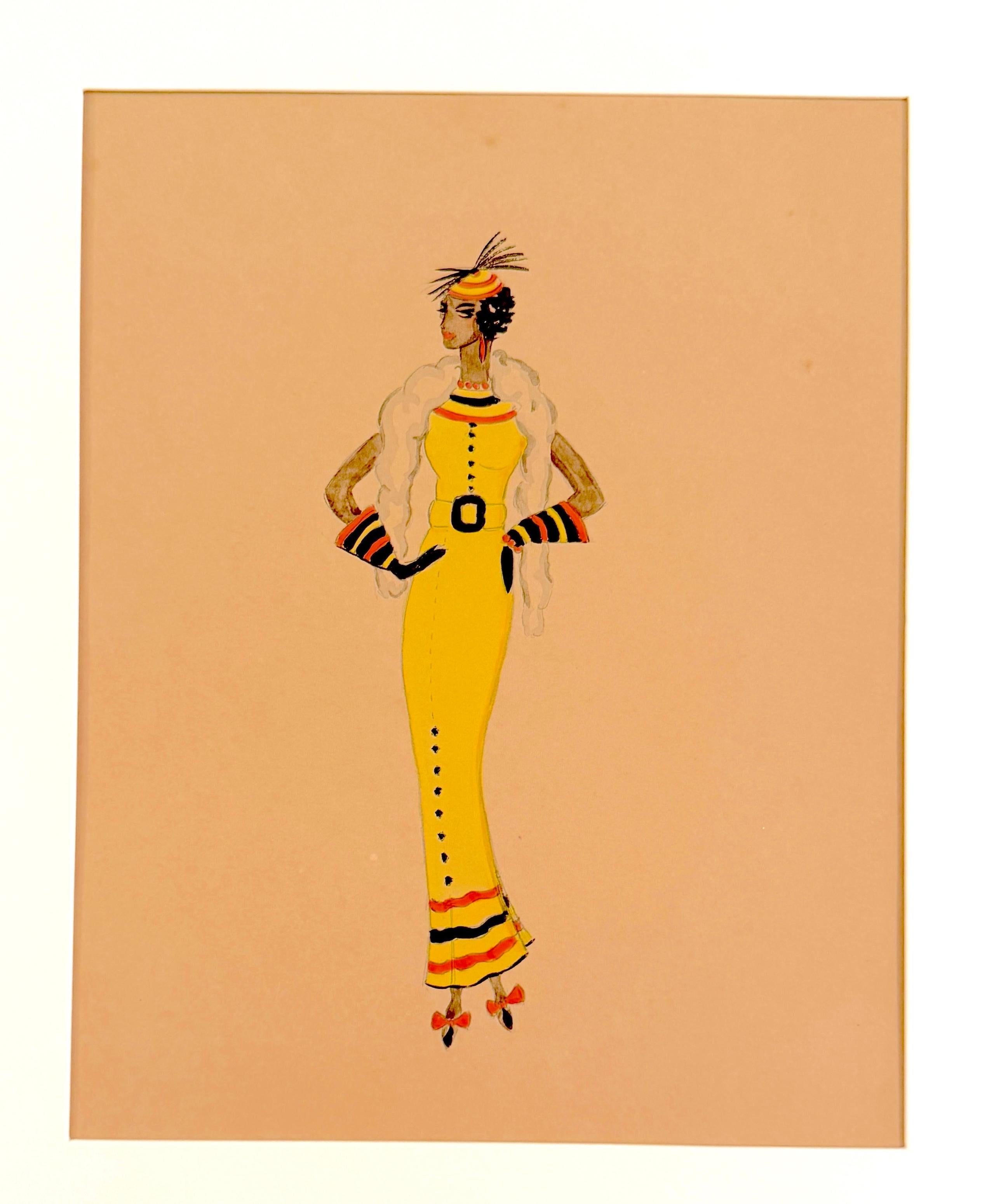 Wayne Benter Jung, Modeskizze von Josephine Baker,  Nach dem Zweiten Weltkrieg
Gouache und Tinte auf Papier, 7,5