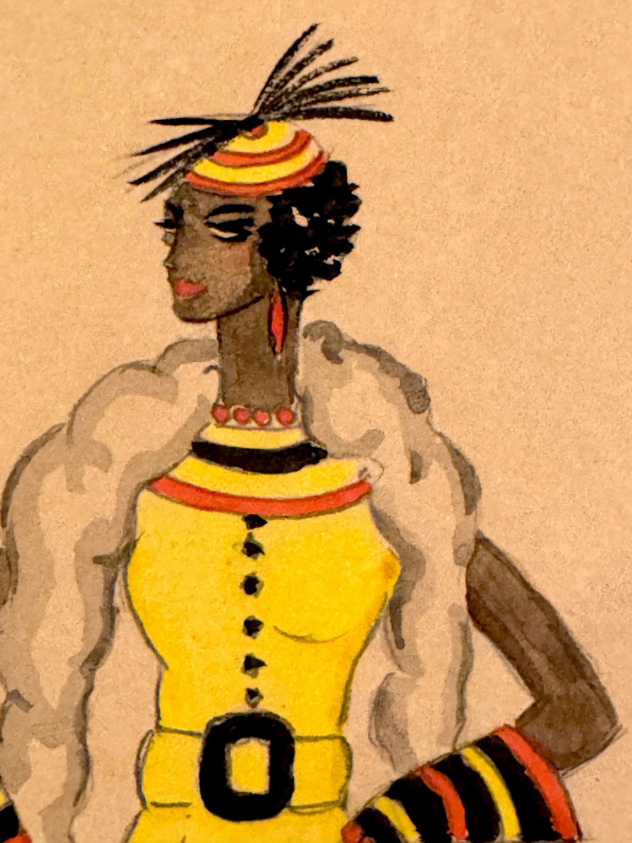 Wayne Benter Jung, Modeskizze von Josephine Baker,  Nach dem Zweiten Weltkrieg (Handbemalt) im Angebot