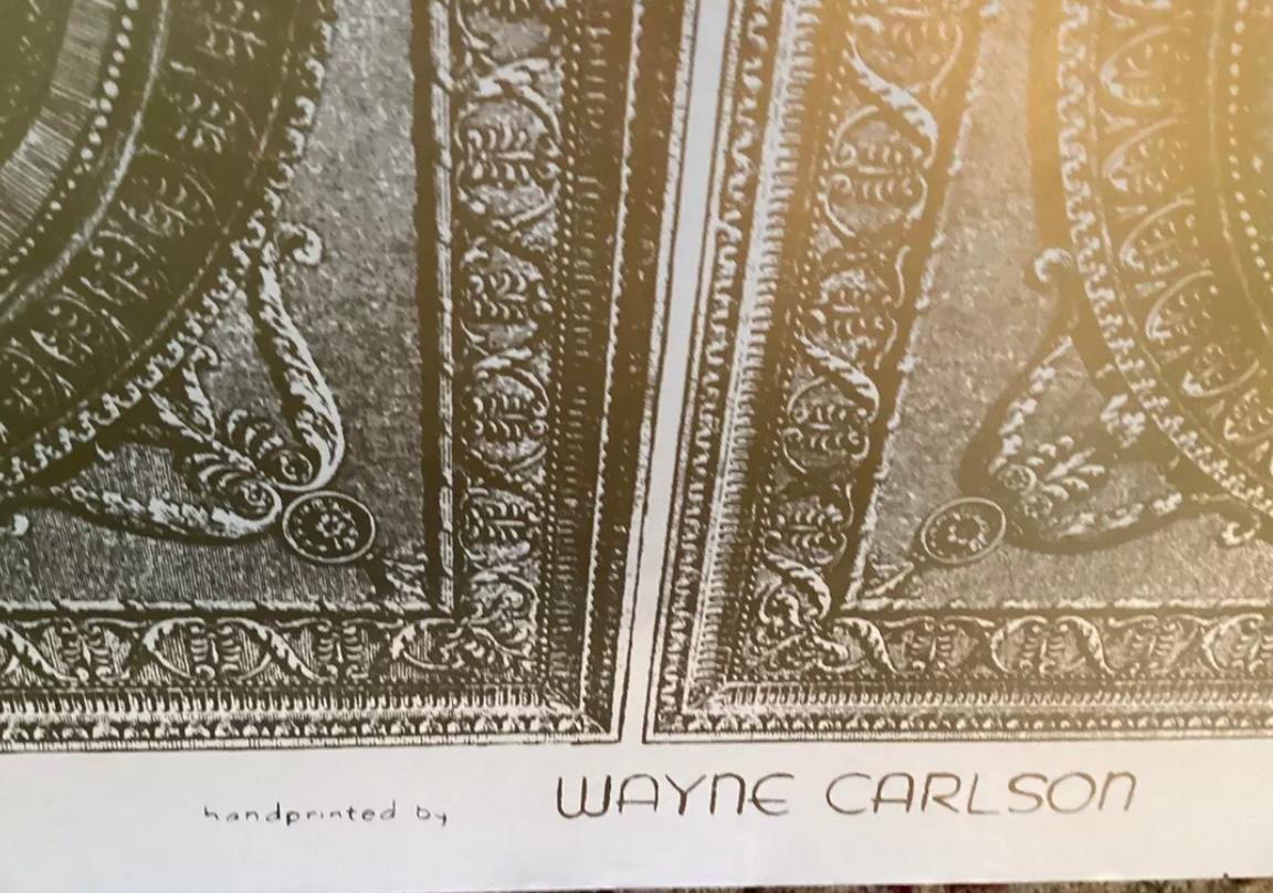 Wayne Carlson Handprinted Gold and White Wallpaper, Trompe L’oeiul Neo-Classical Revival. 
One opened vintage roll of gold on white hand-printed wallpaper by Wayne Carlson.  The scenes are 4 square neoclassical allegorical scenes. The roll is 30