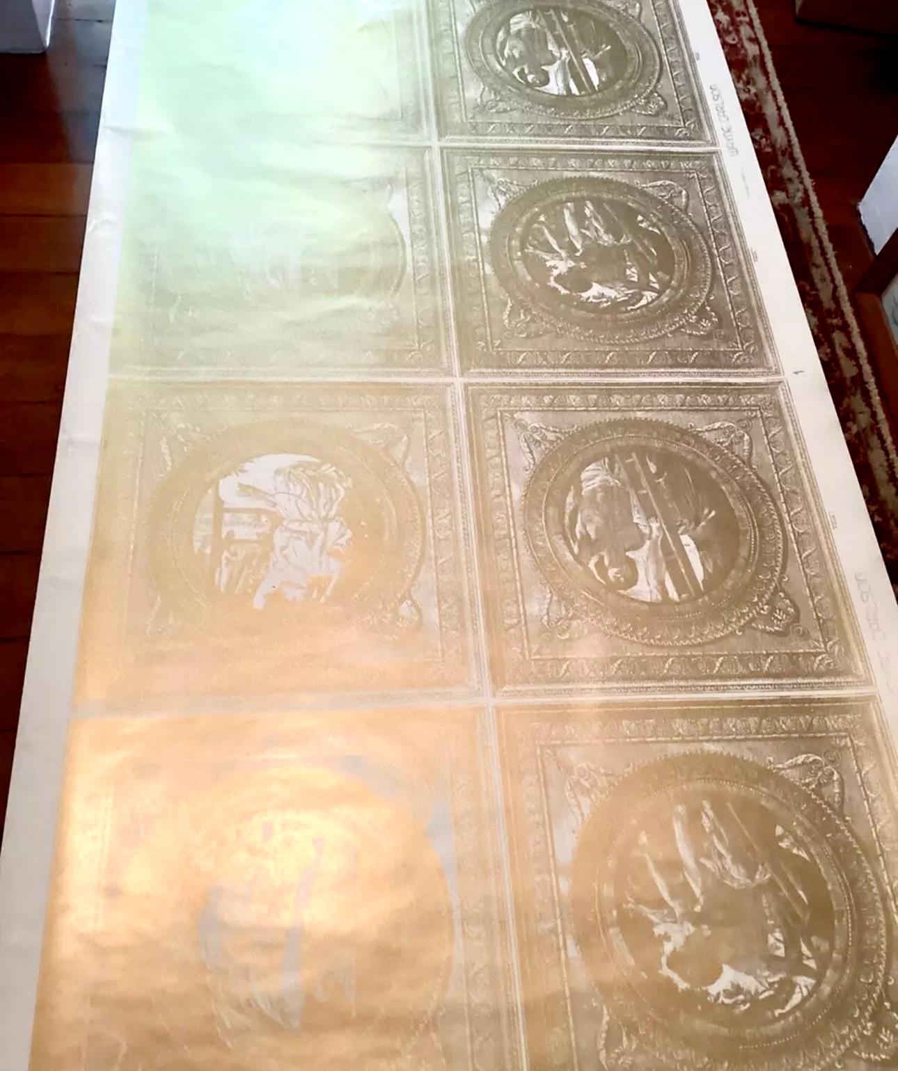 Paper Wayne Carlson Handprinted Gold and White Wallpaper, Trompe L’oeiul Classical For Sale