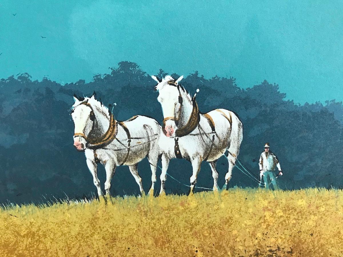 COOPER'S RAINBOW Litografía firmada, Paisaje de granja, caballos, campo dorado, granero - Print Realista de Wayne Cooper