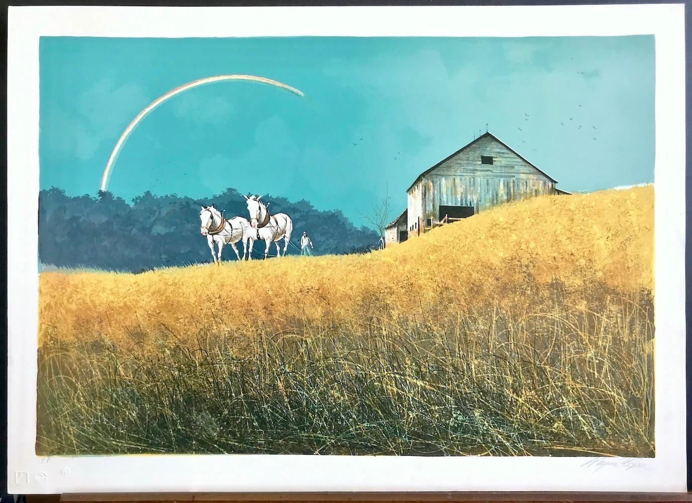 COOPER'S RAINBOW Litografía firmada, Paisaje de granja, caballos, campo dorado, granero en venta 3